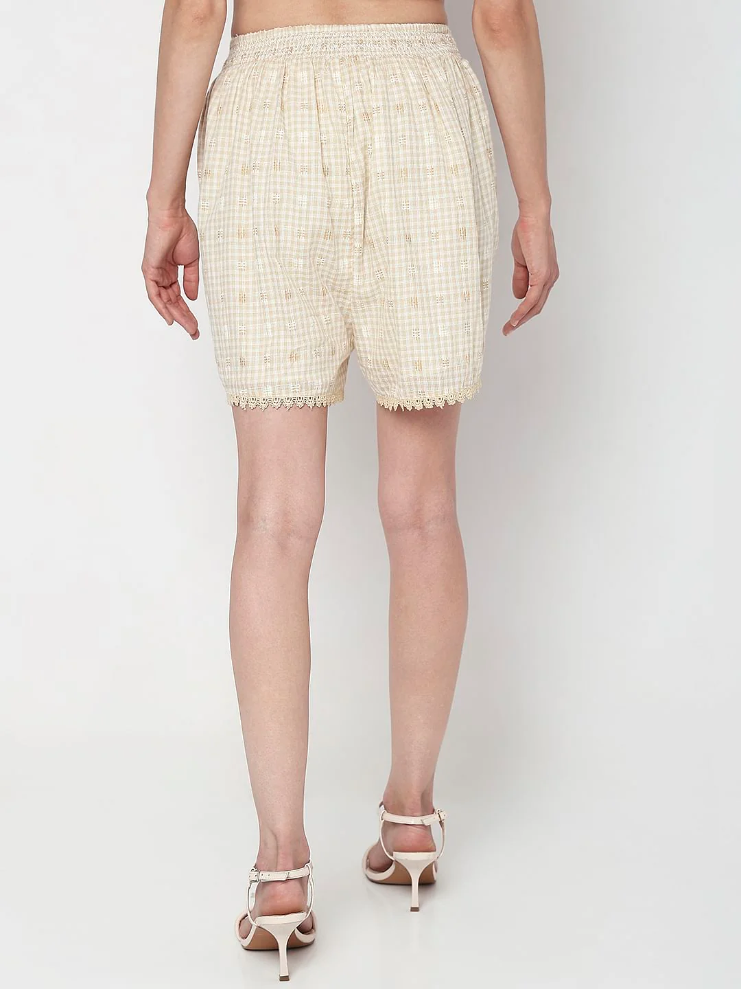 Beige High Rise Check Co-Ord Set Shorts - Image 4