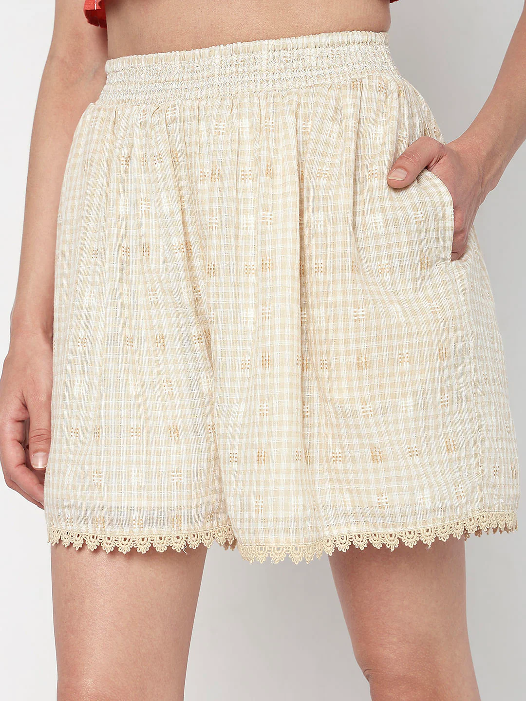 Beige High Rise Check Co-Ord Set Shorts - Image 5