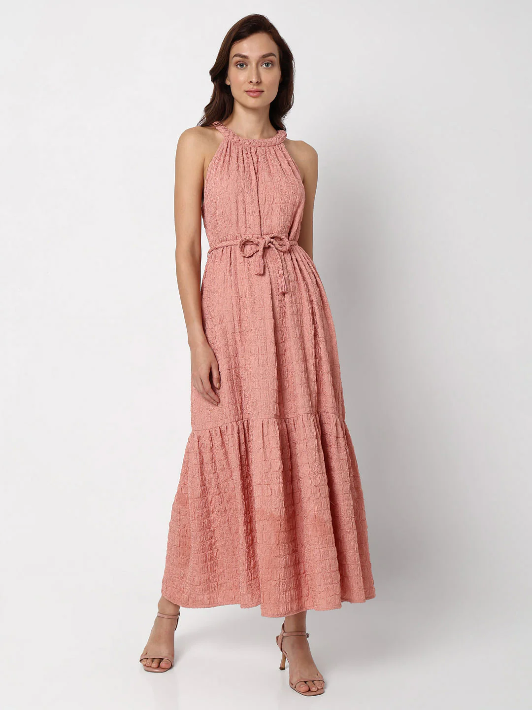 Pink Textured Tiered Maxi Dress - Image 3