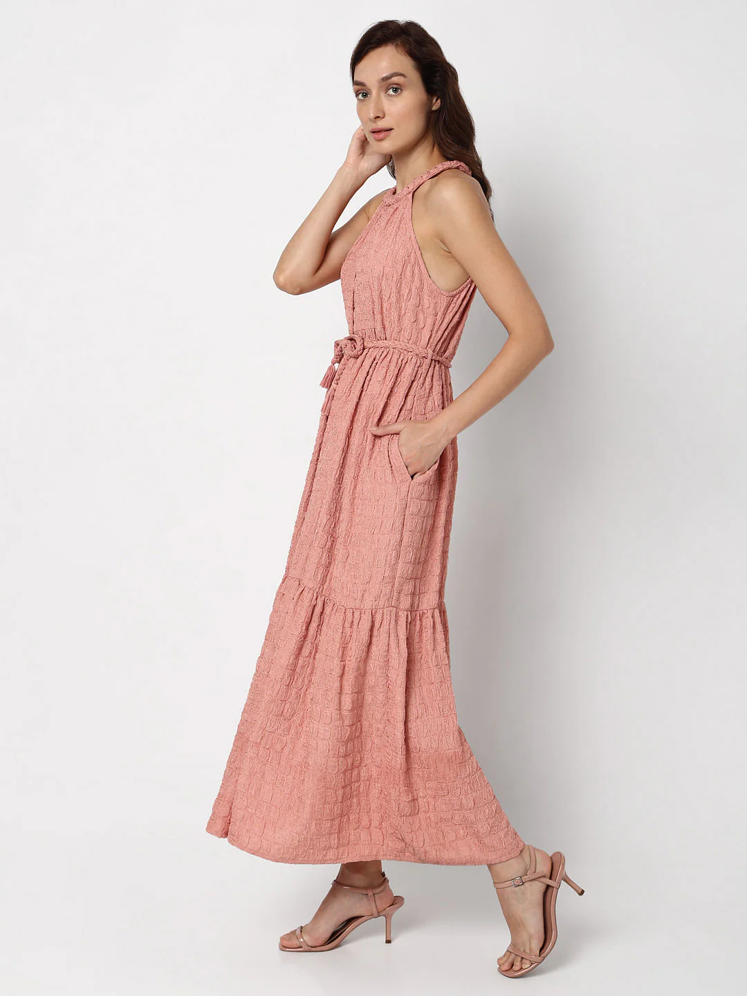 Pink Textured Tiered Maxi Dress - Image 4
