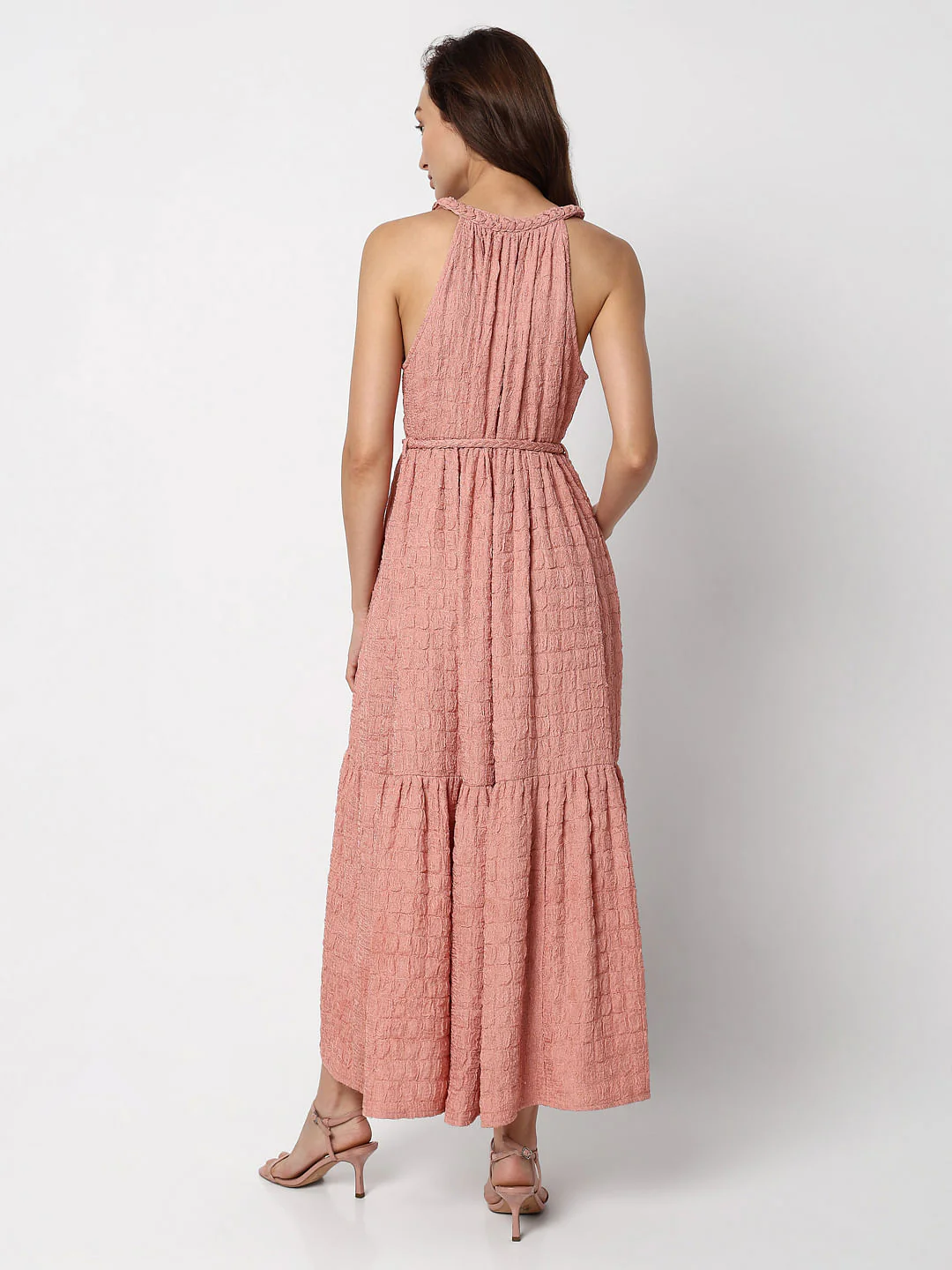 Pink Textured Tiered Maxi Dress - Image 5