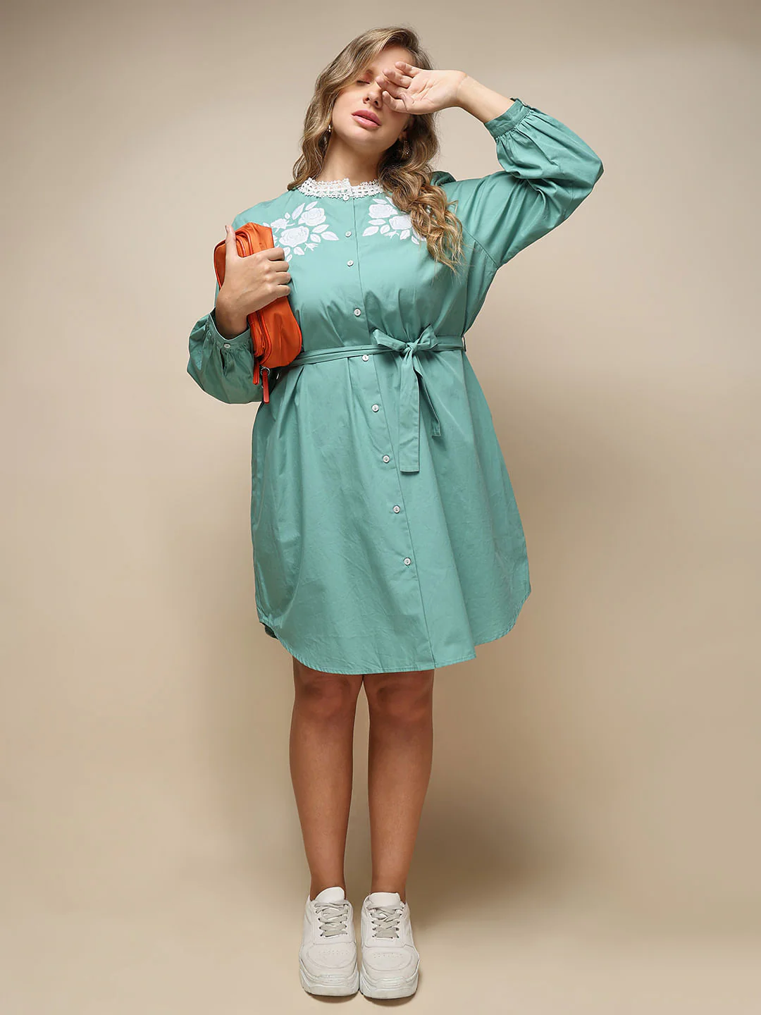 Curve Green Embroidered Short Dress