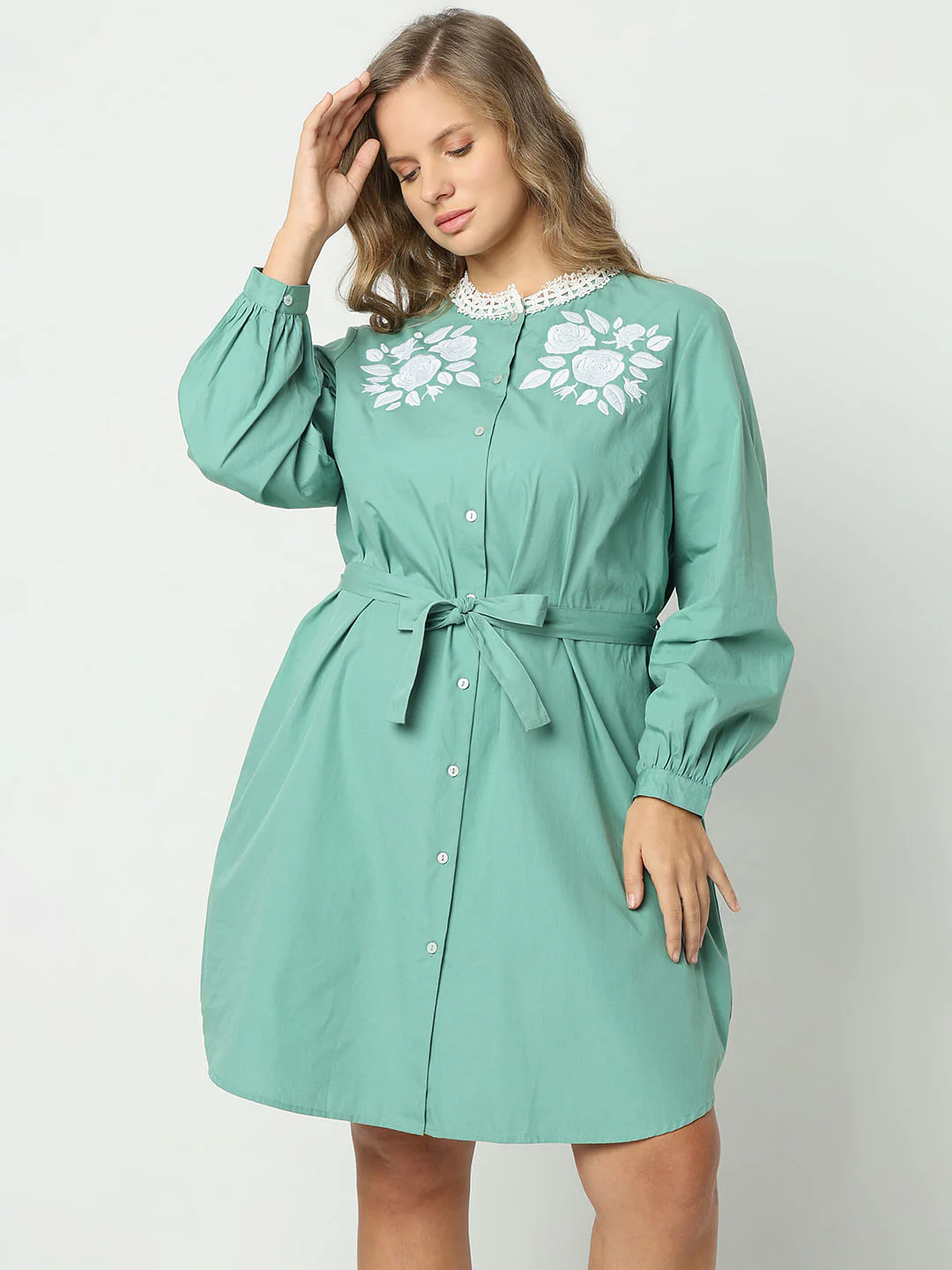 Curve Green Embroidered Short Dress - Image 2