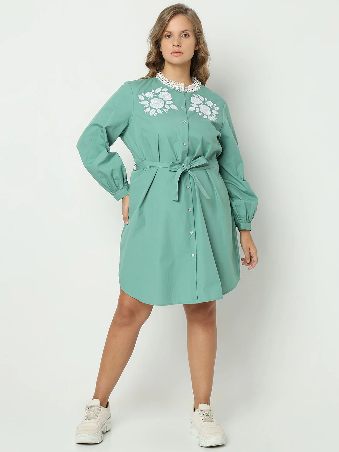 Curve Green Embroidered Short Dress - Image 5