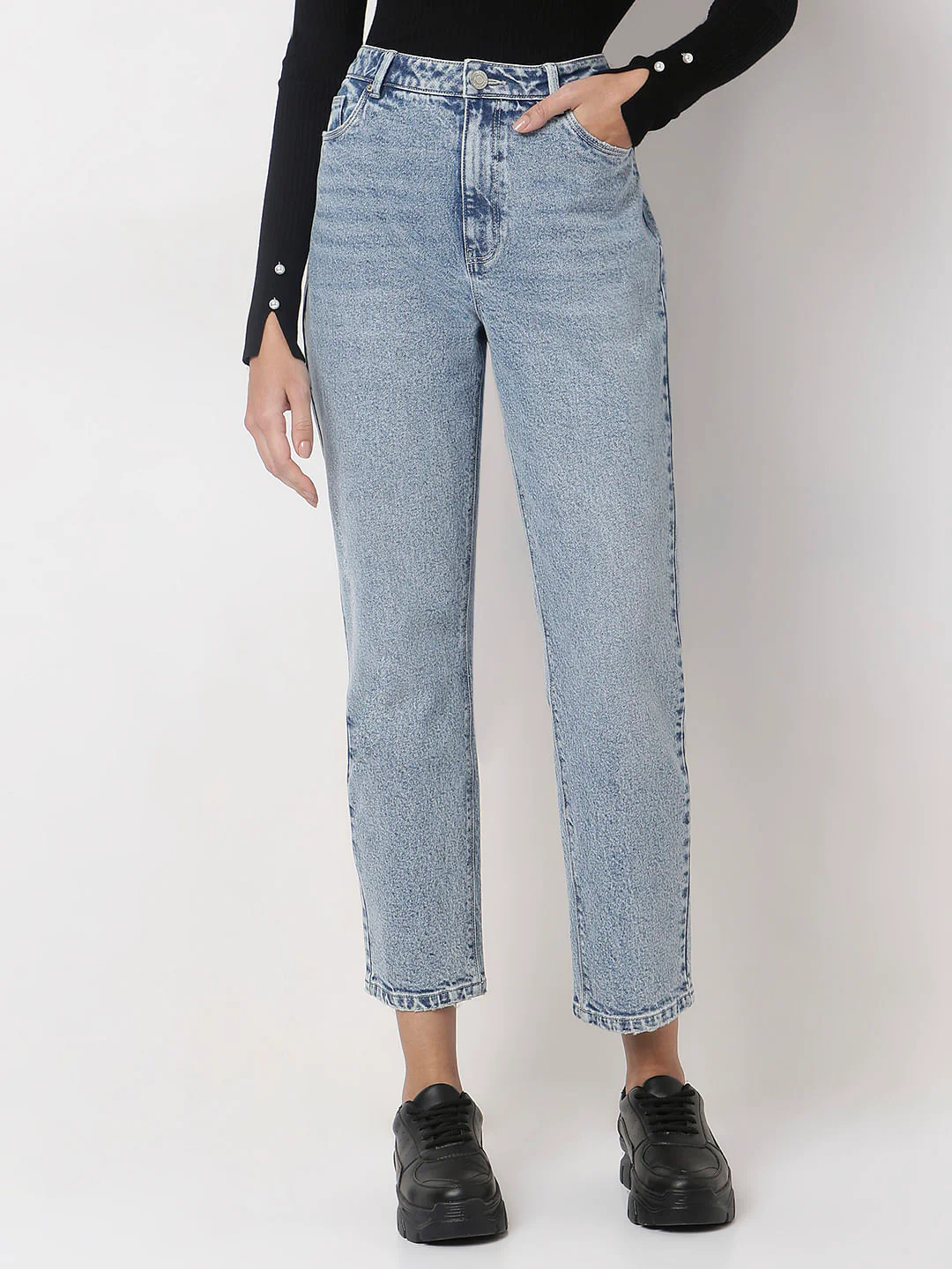 Light Blue High Rise Mom Jeans - Image 2