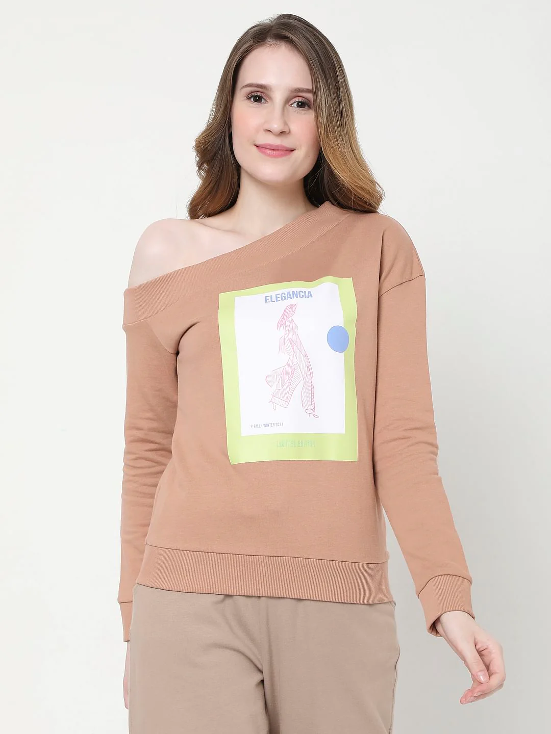 Dusty Pink One Shoulder Graphic Print Sweatshirt - Image 2