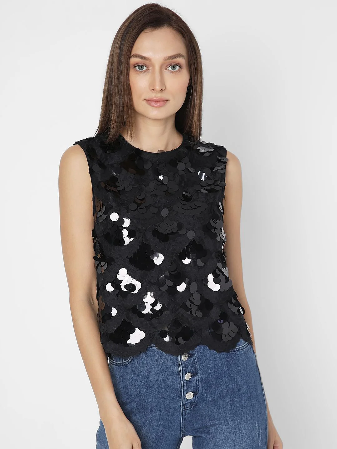 Black Sequin Detail Sleeveless Top - Image 2