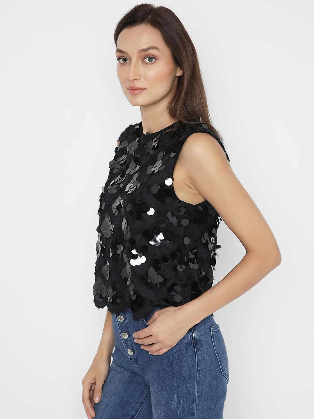 Black Sequin Detail Sleeveless Top - Image 3