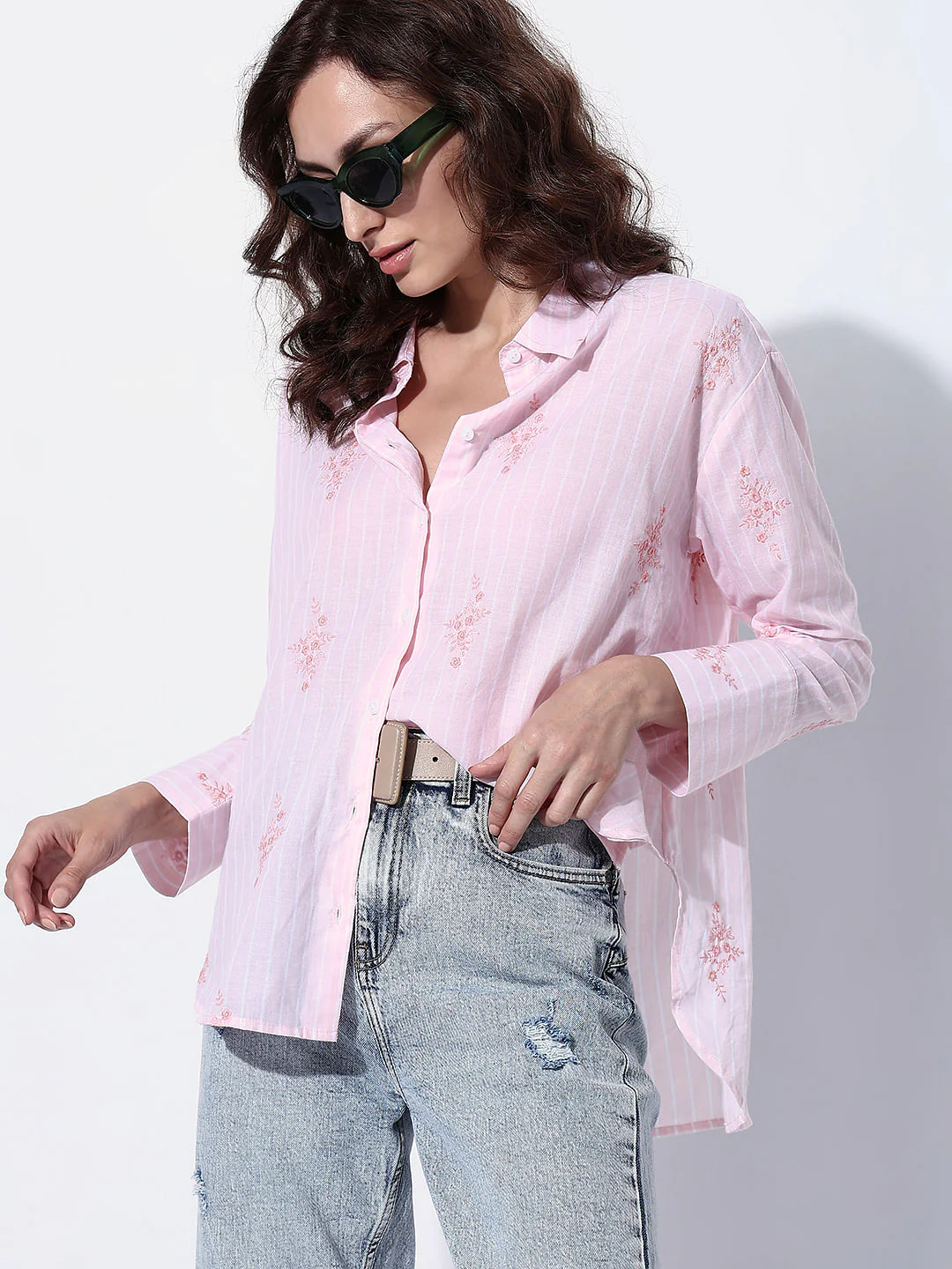 Pink Striped Embroidered Shirt