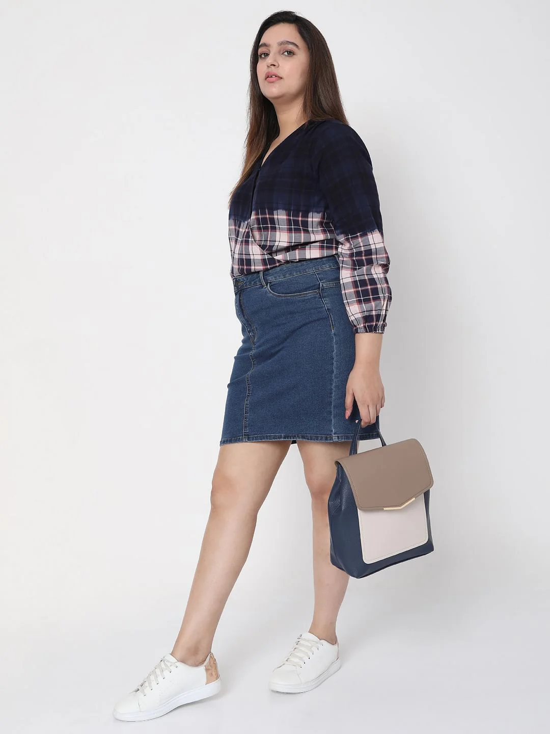 Curve Blue Washed Check Top