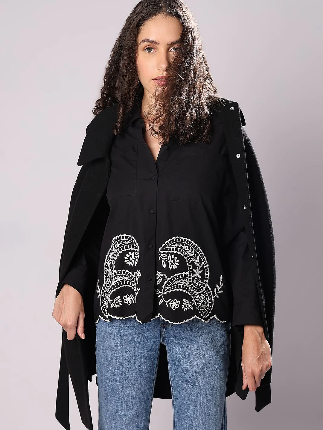 Black Contrast Embroidery Shirt