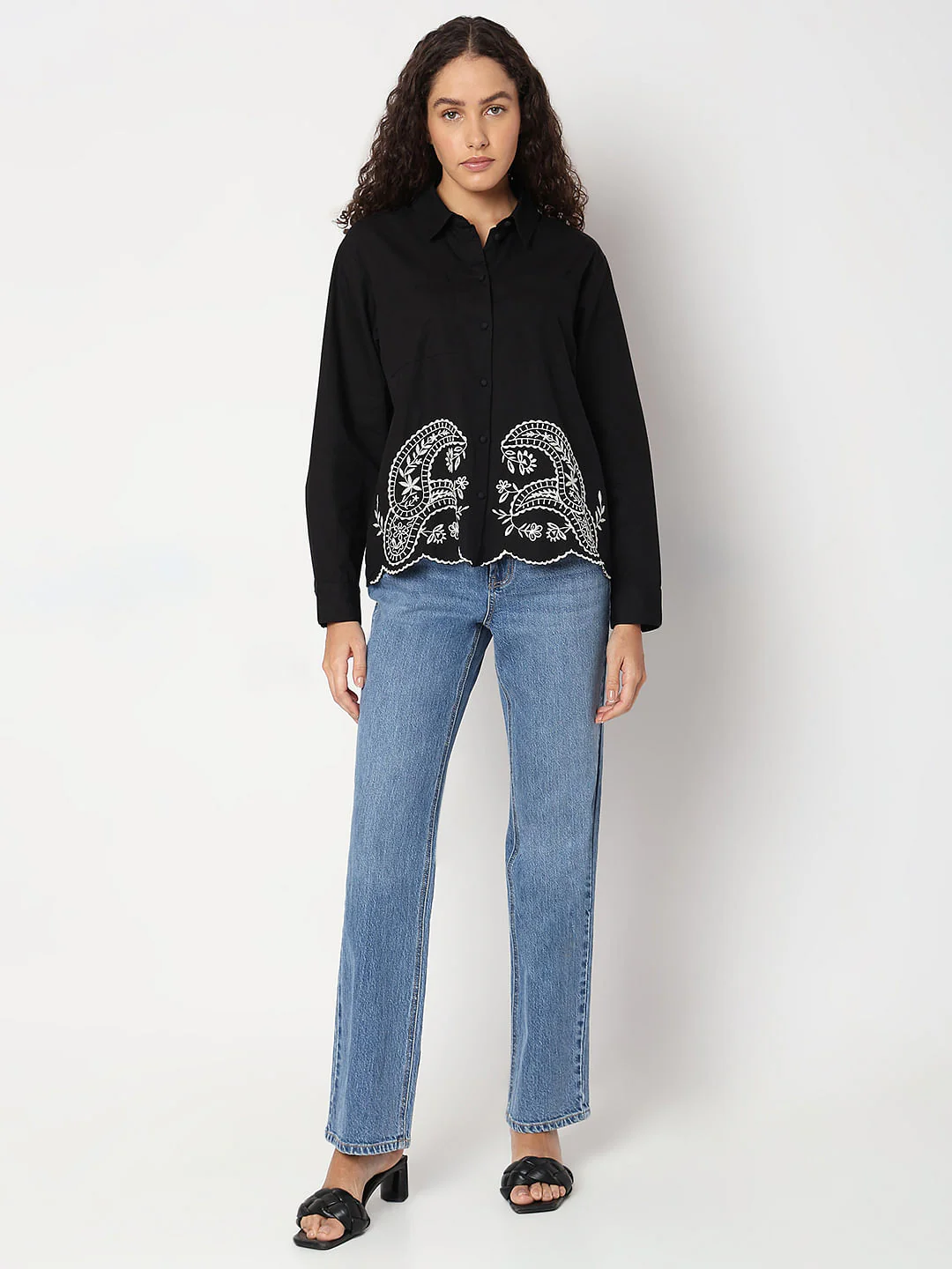 Black Contrast Embroidery Shirt - Image 5