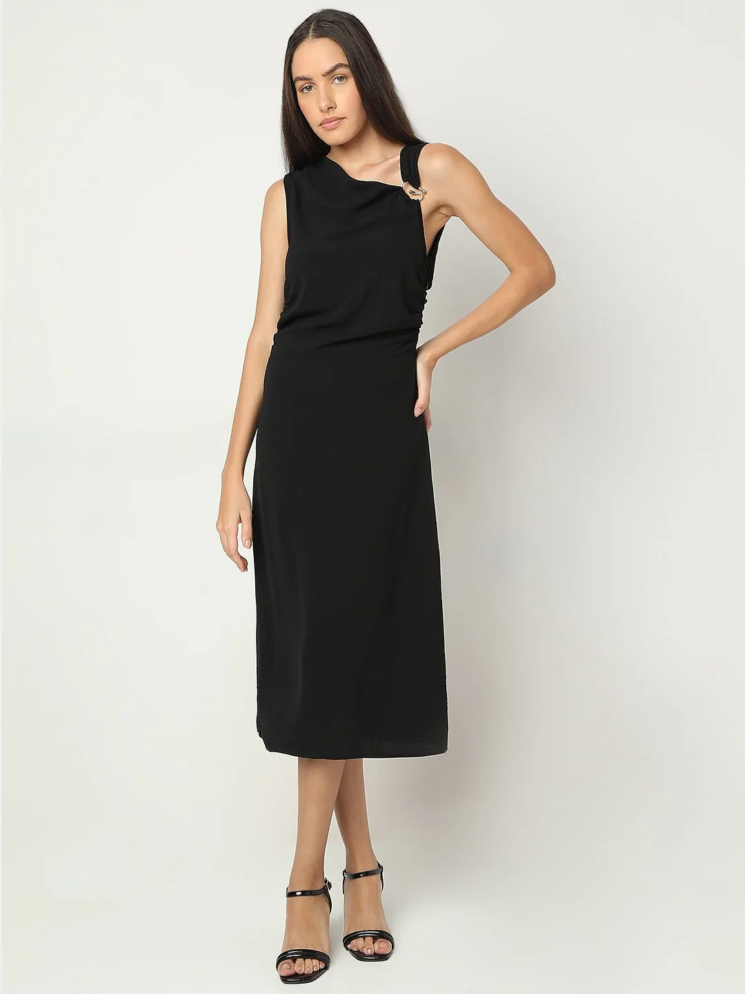 Black Asymmetric Midi Dress - Image 2