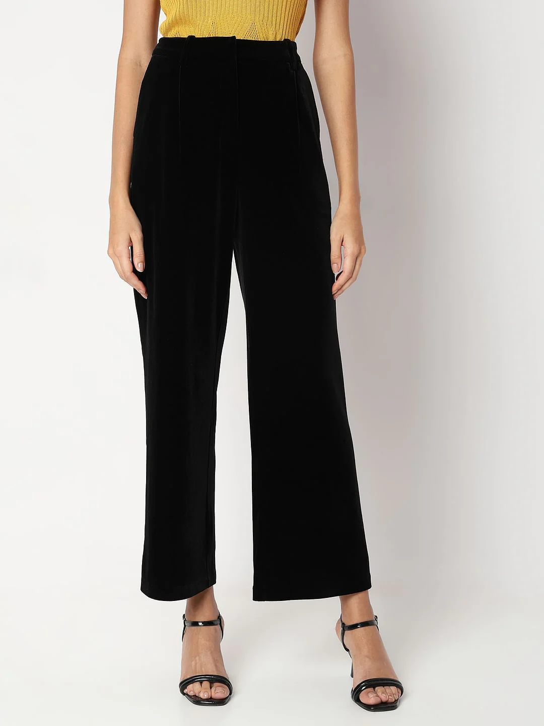 Black Mid Rise Velvet Wide Leg Pants - Image 2