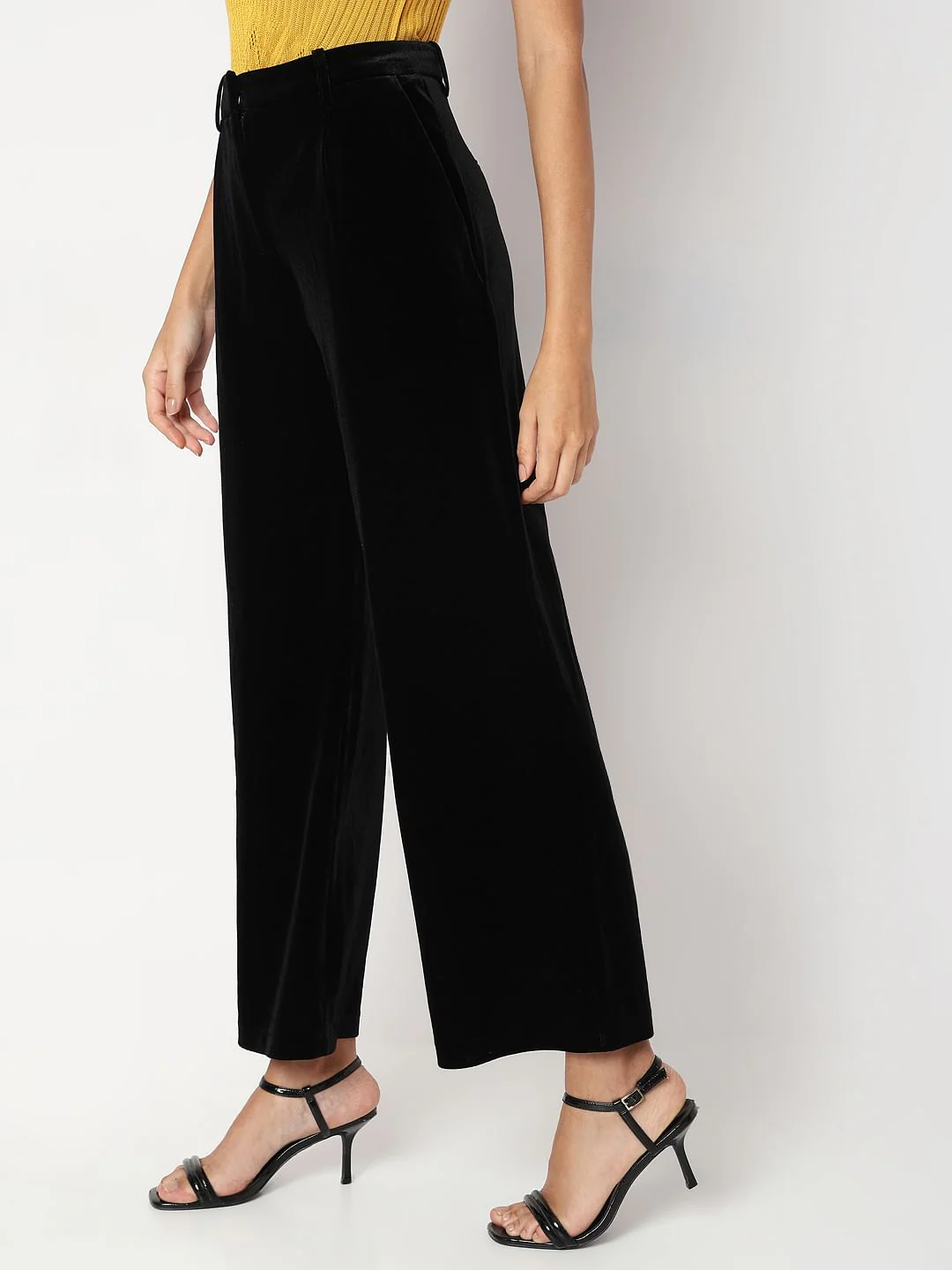 Black Mid Rise Velvet Wide Leg Pants - Image 3