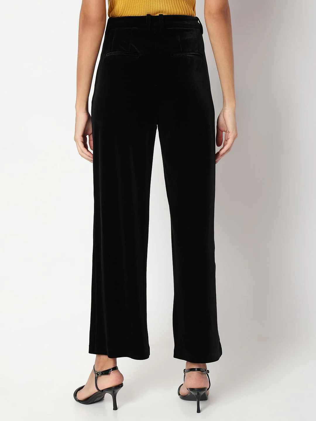 Black Mid Rise Velvet Wide Leg Pants - Image 4