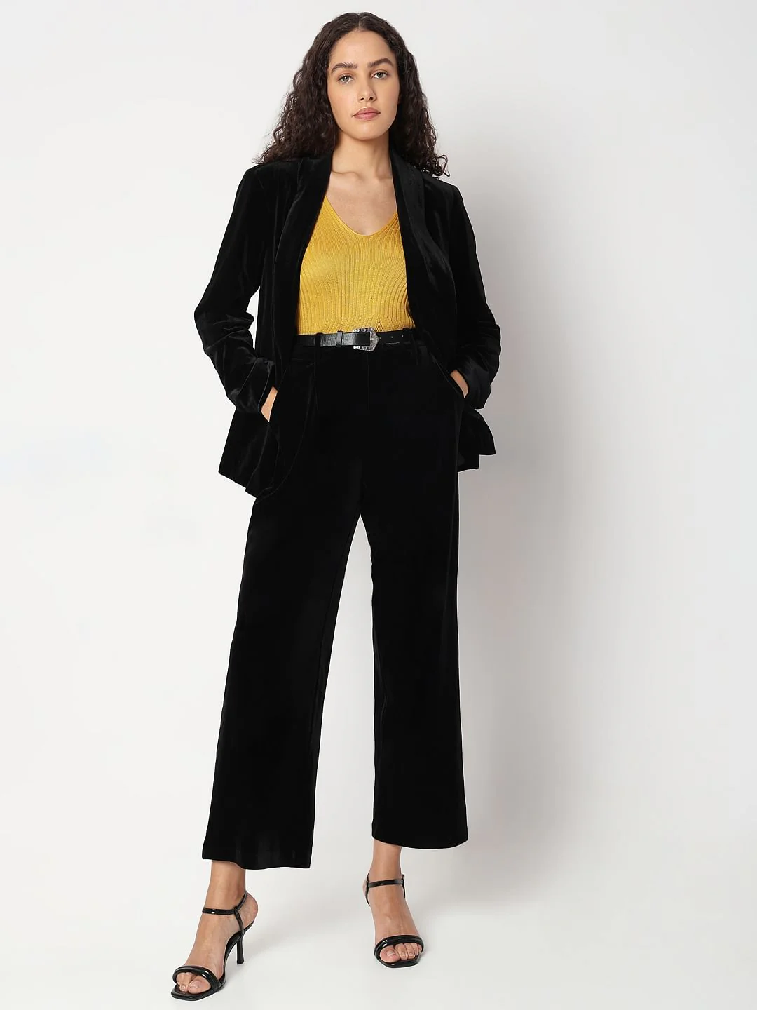 Black Mid Rise Velvet Wide Leg Pants - Image 5
