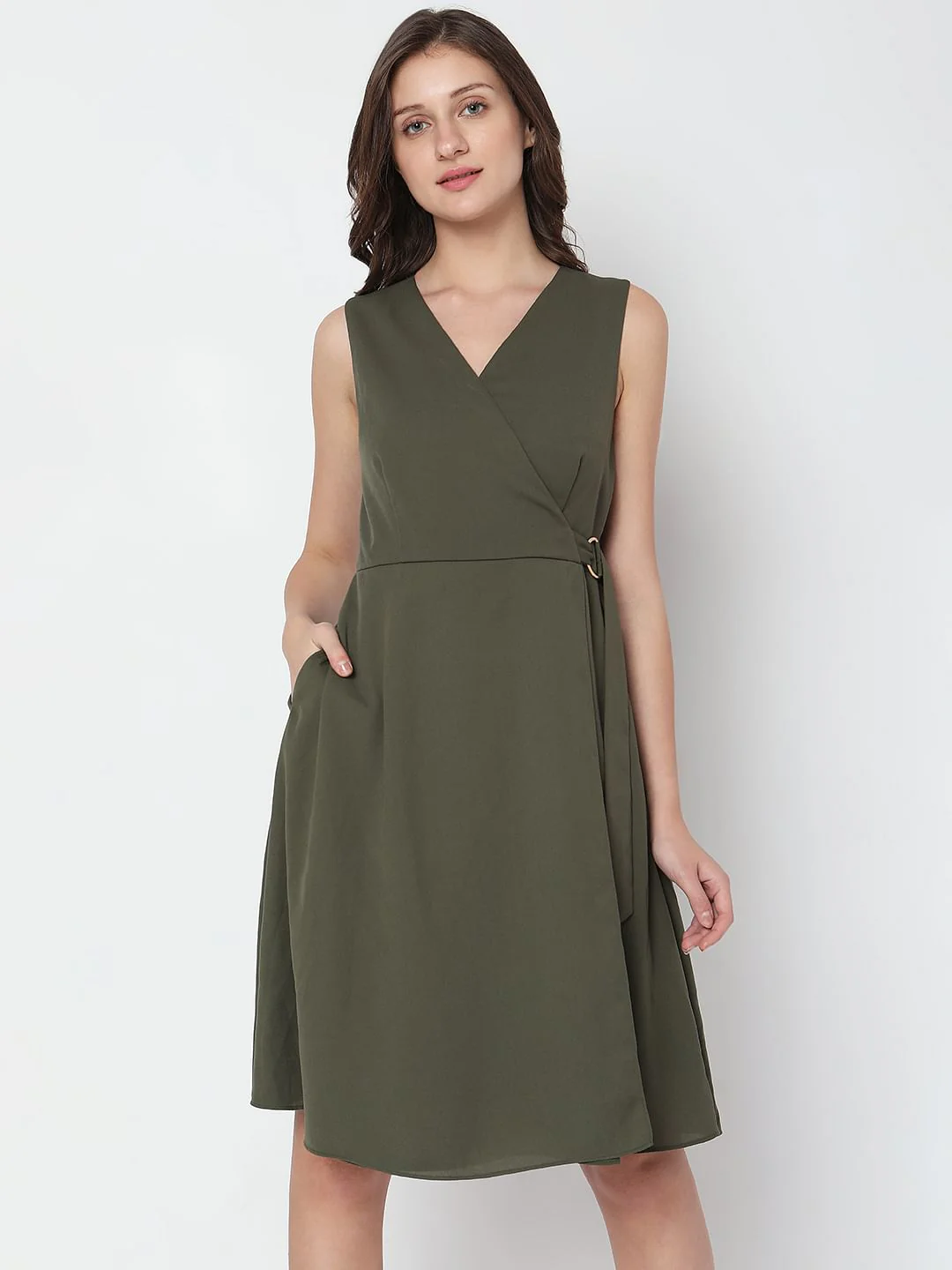 Olive Green Wrap Fit Dress - Image 2