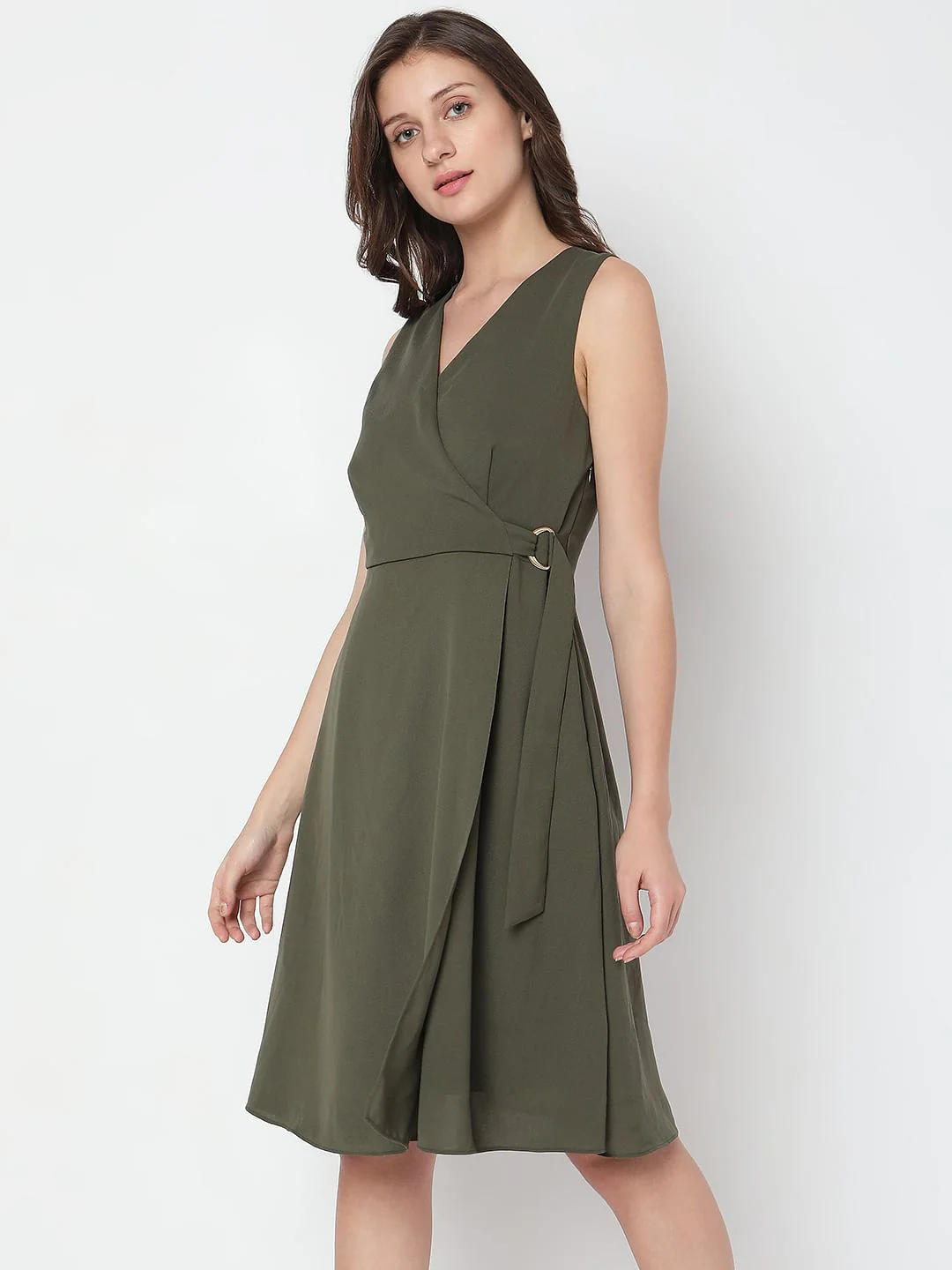 Olive Green Wrap Fit Dress - Image 3