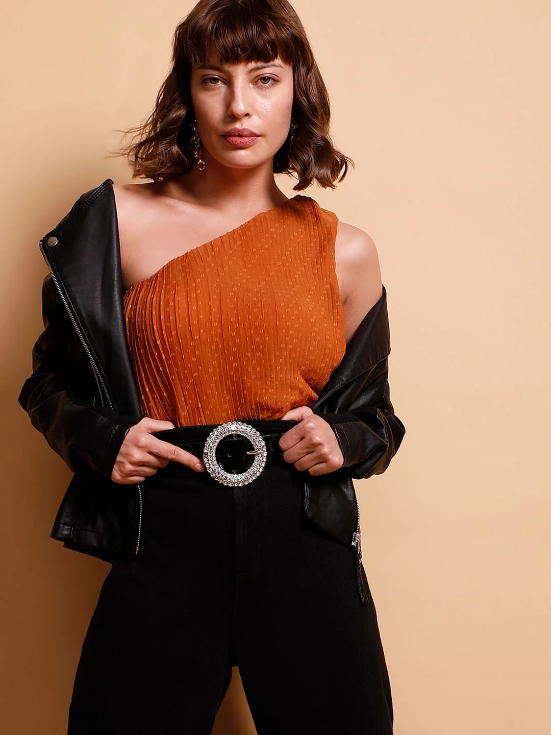 Rust Orange Dobby Pleated Top