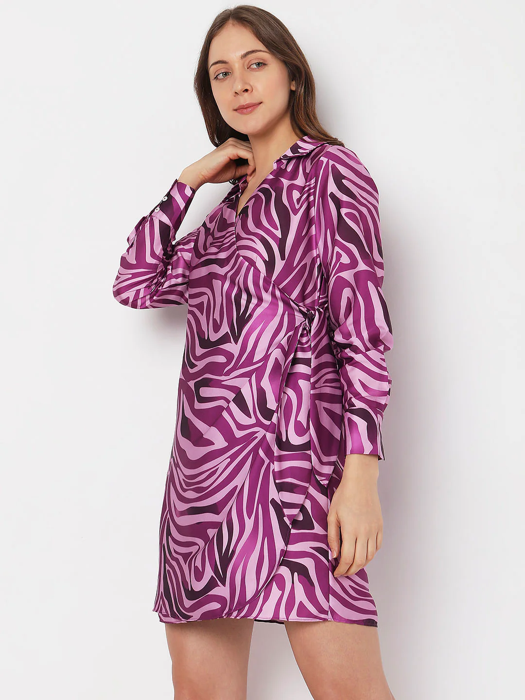 Purple Abstract Print Wrap Dress - Image 3