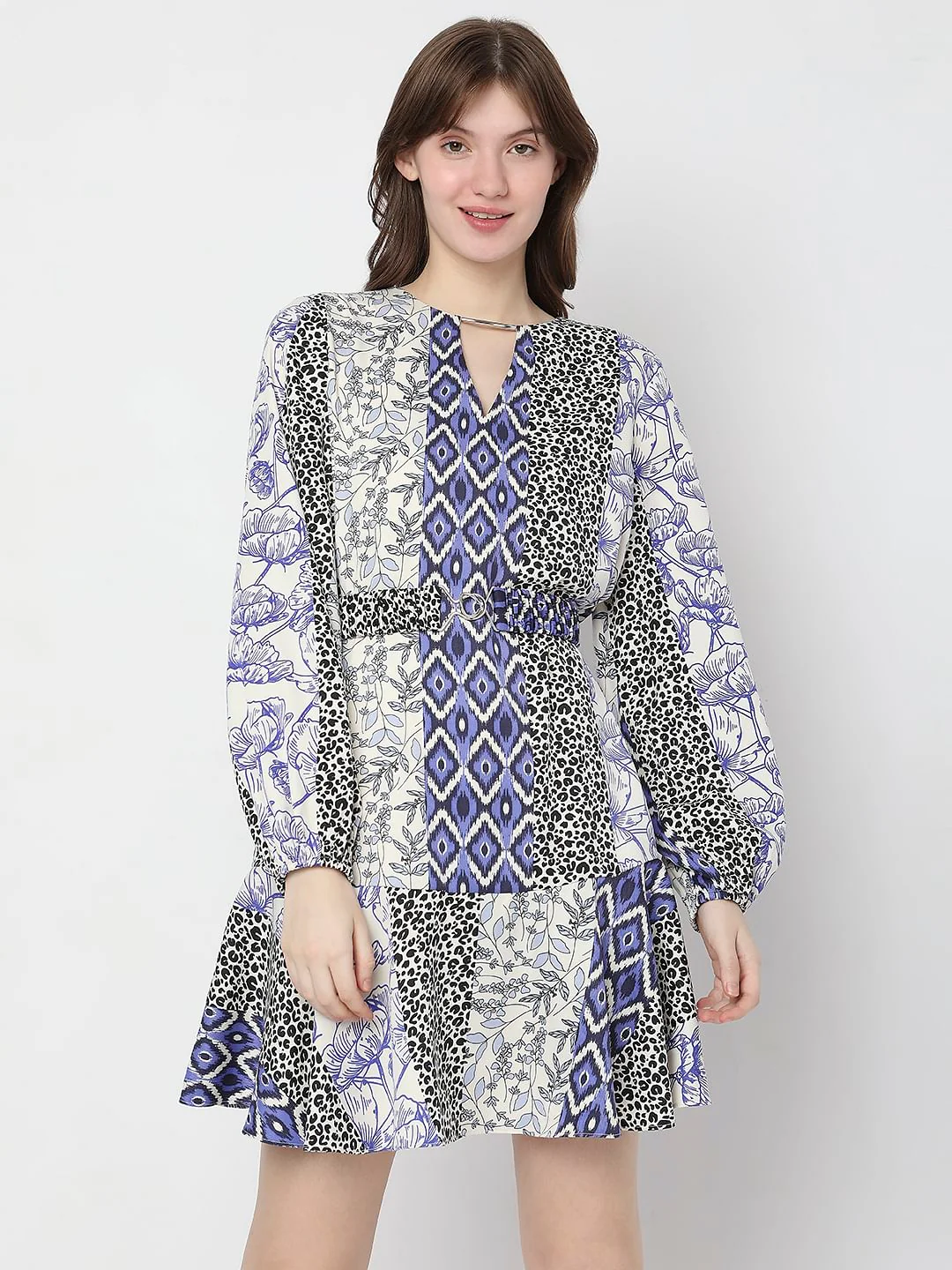 Blue Abstract Print Fit & Flare Dress - Image 2