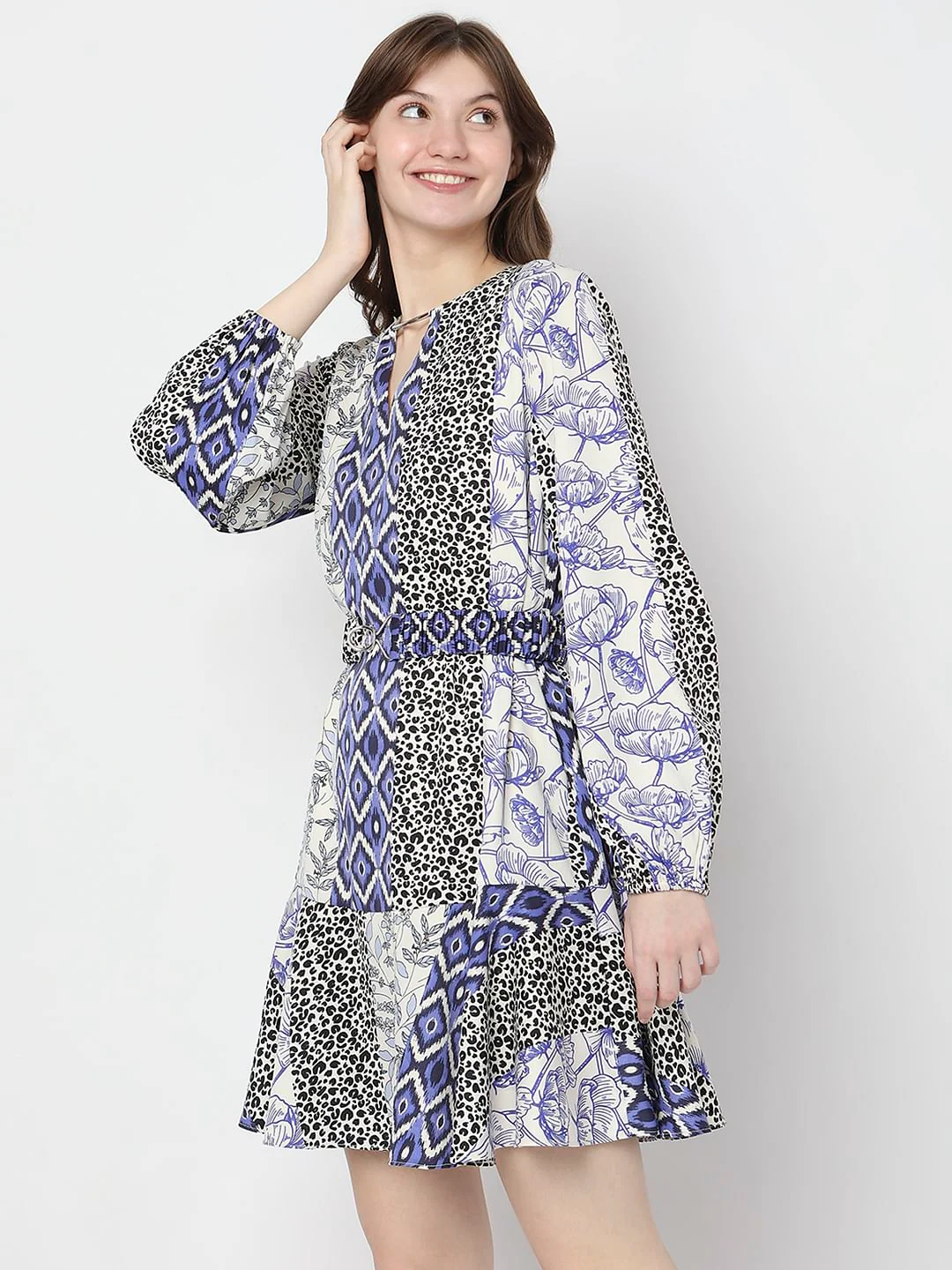 Blue Abstract Print Fit & Flare Dress - Image 3