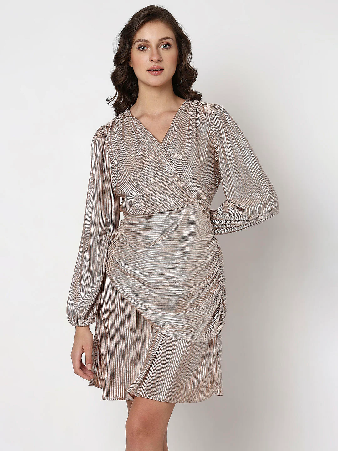 Metallic Pink Plisse Fit & Flare Dress - Image 2