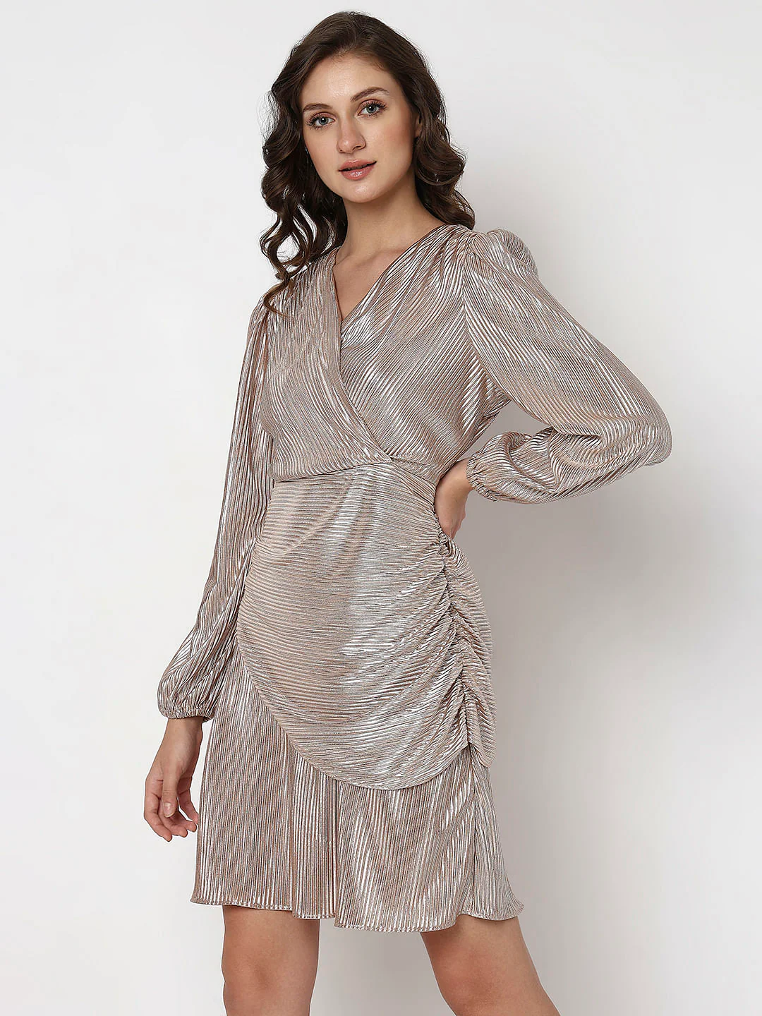 Metallic Pink Plisse Fit & Flare Dress - Image 3