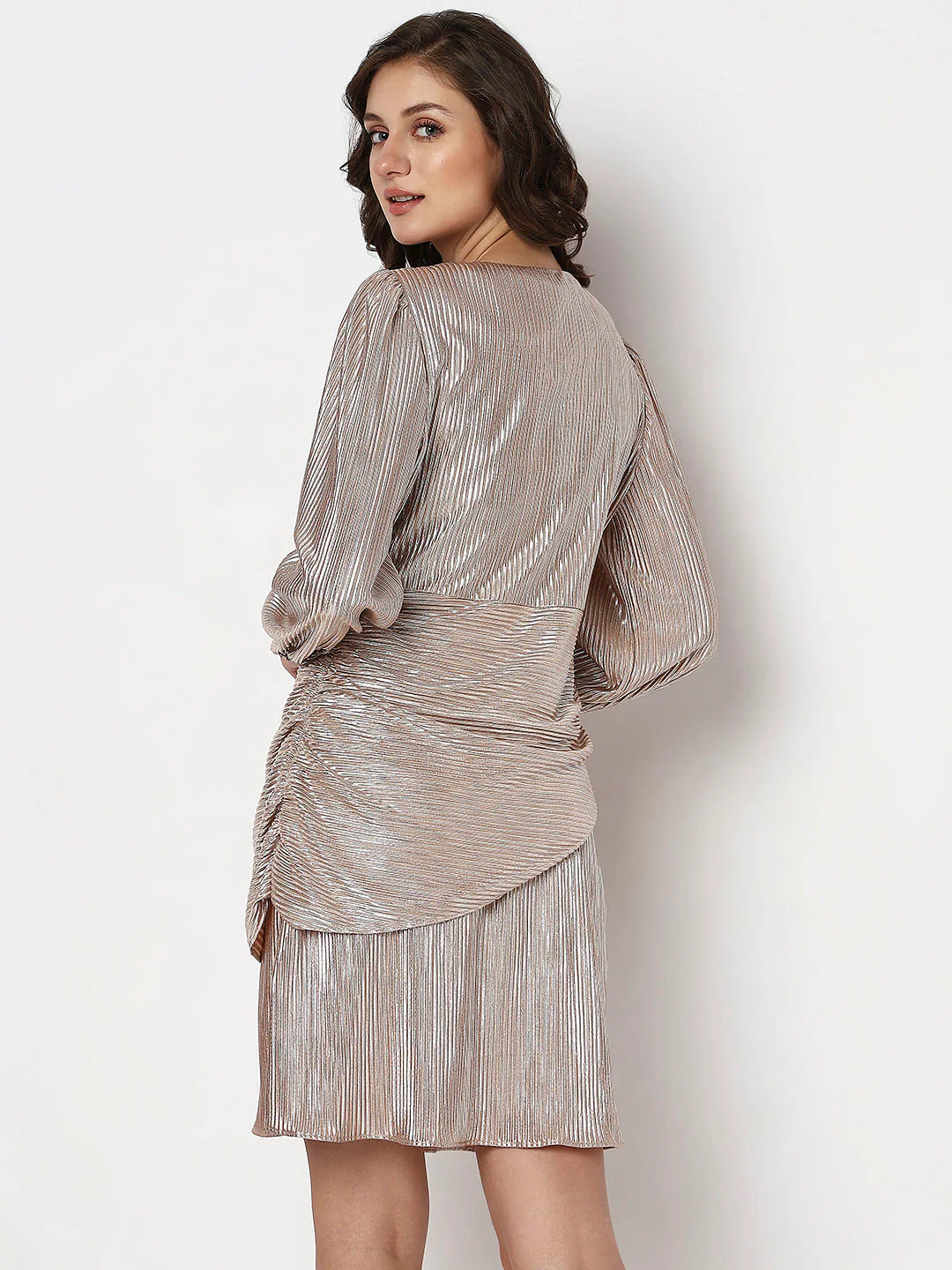 Metallic Pink Plisse Fit & Flare Dress - Image 4