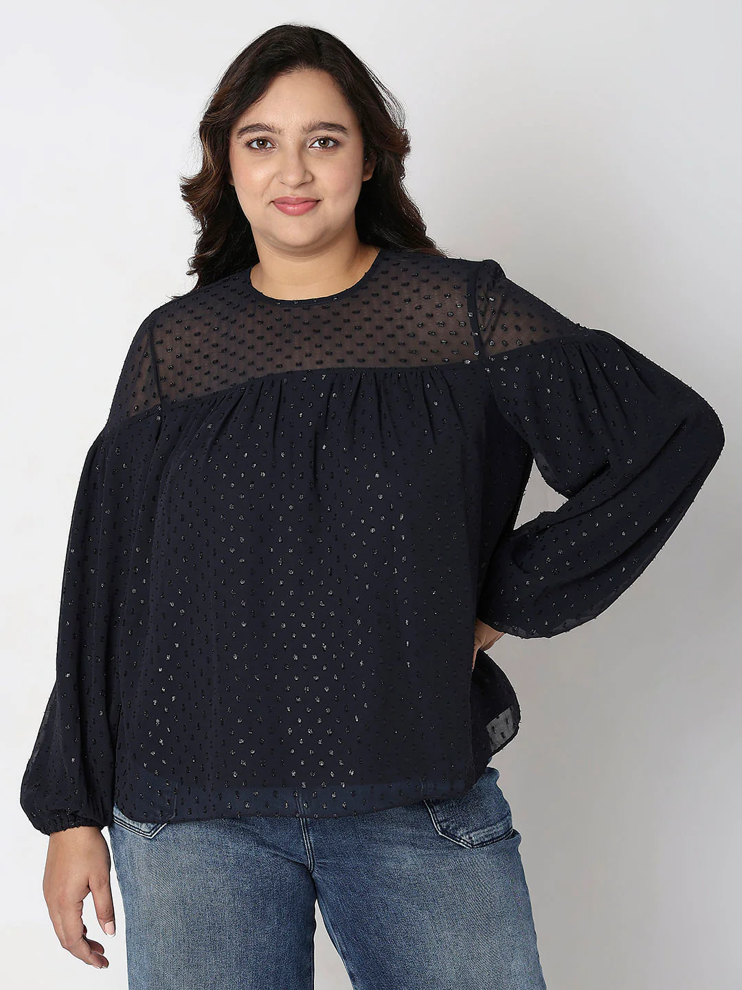 Curve Navy Blue Lurex Printed Top - Image 2
