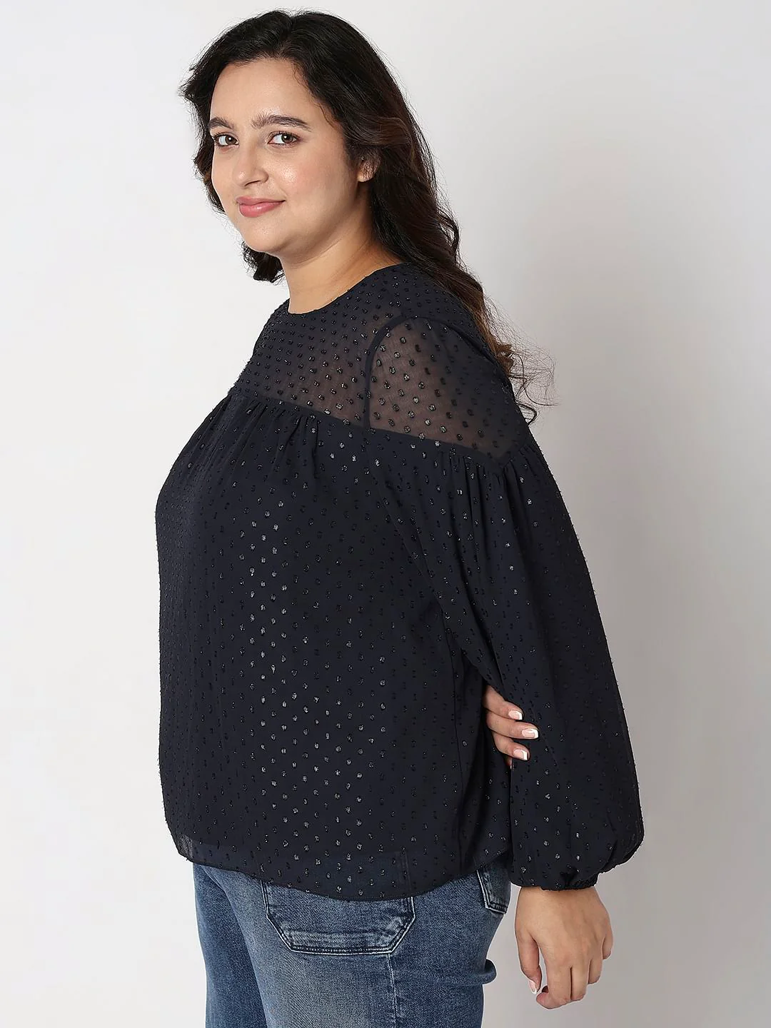 Curve Navy Blue Lurex Printed Top - Image 3