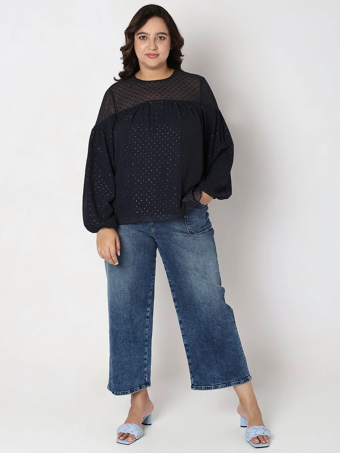 Curve Navy Blue Lurex Printed Top - Image 5
