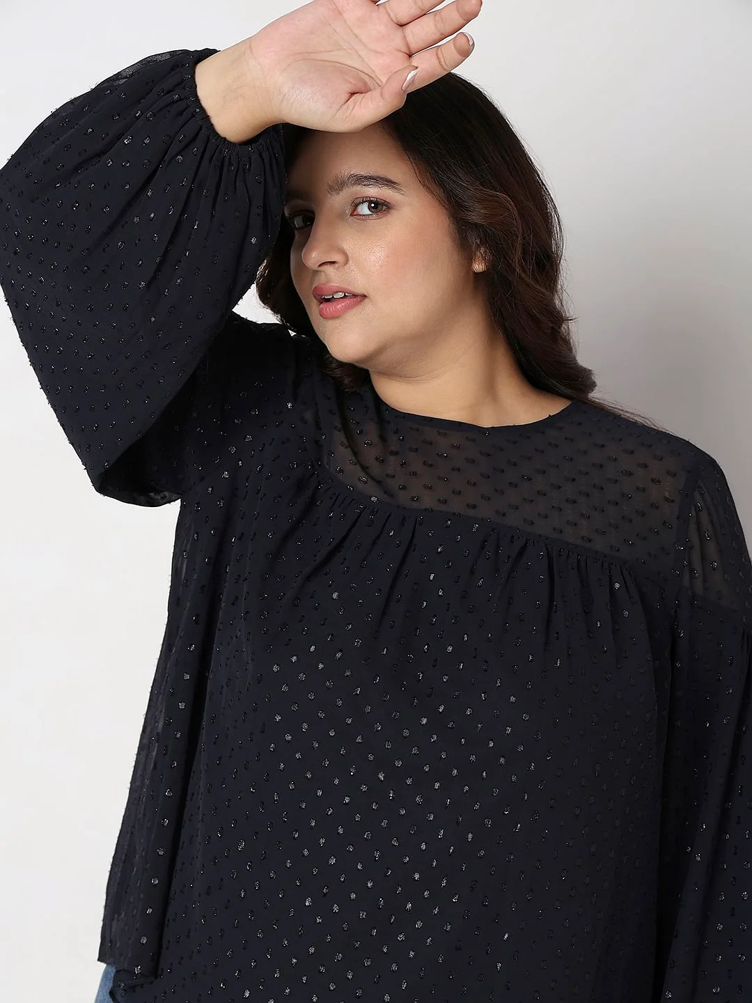 Curve Navy Blue Lurex Printed Top - Image 6