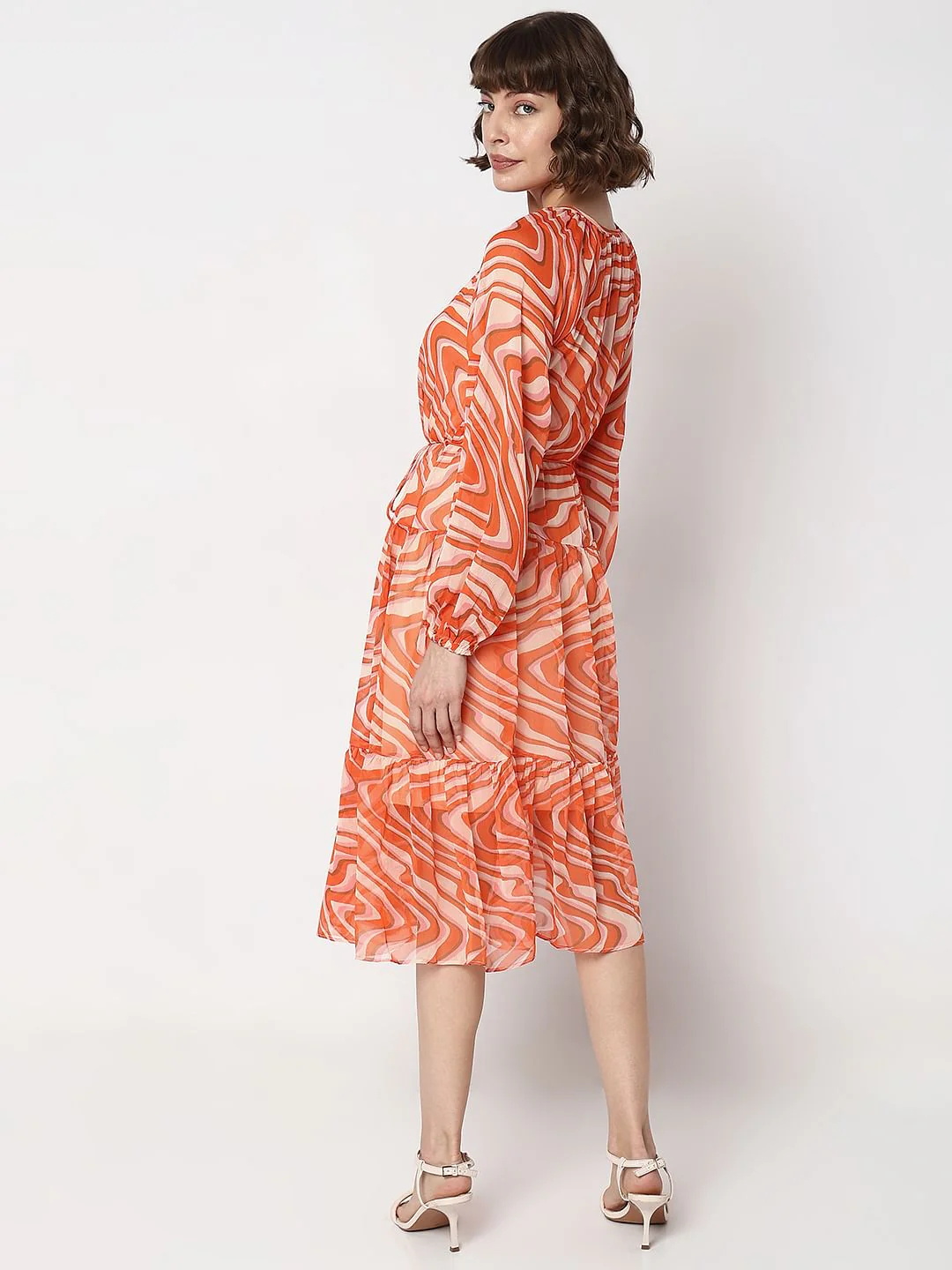 Orange Abstract Print Midi Dress - Image 3