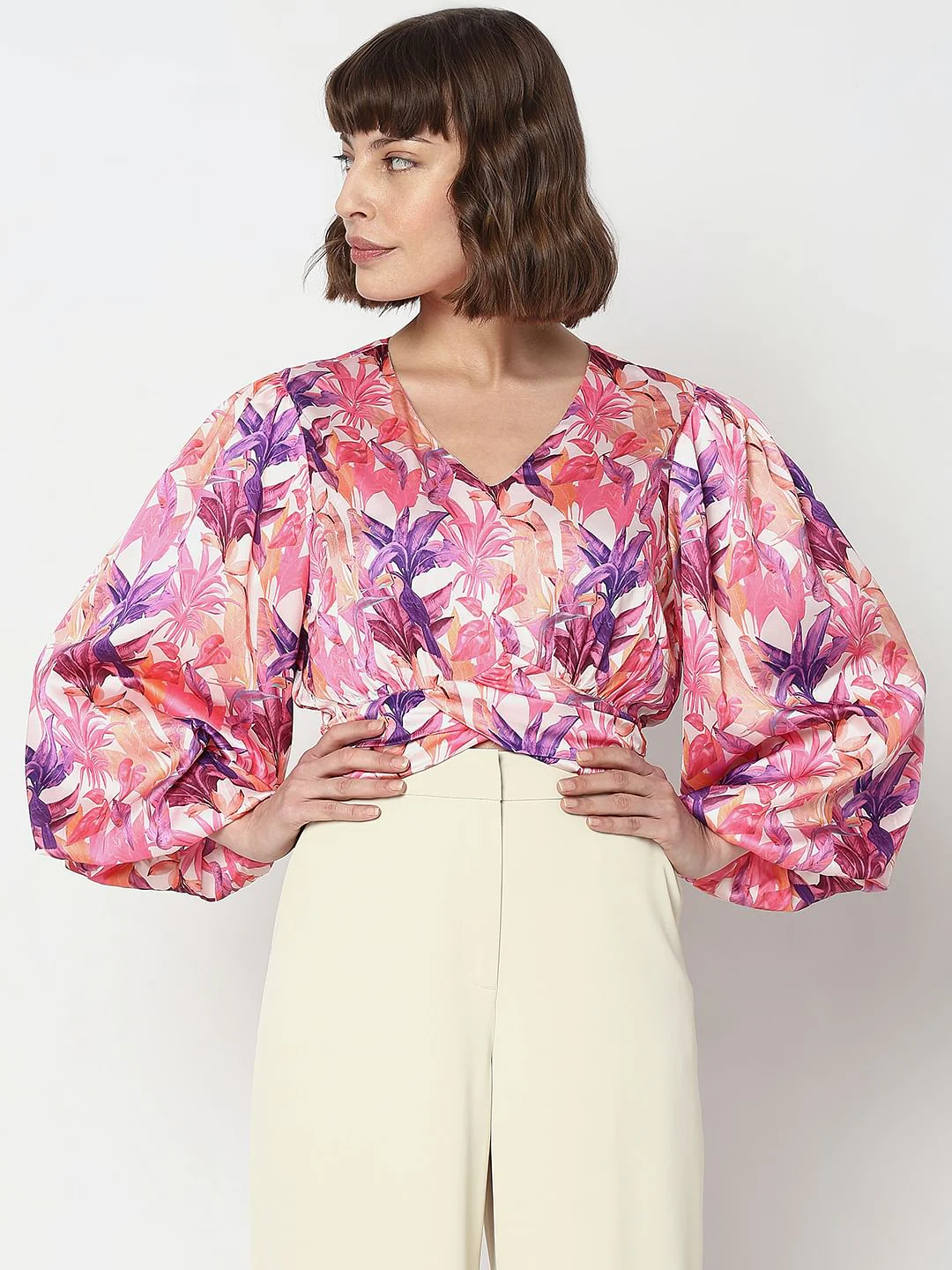 Pink Floral Print Crop Top - Image 2