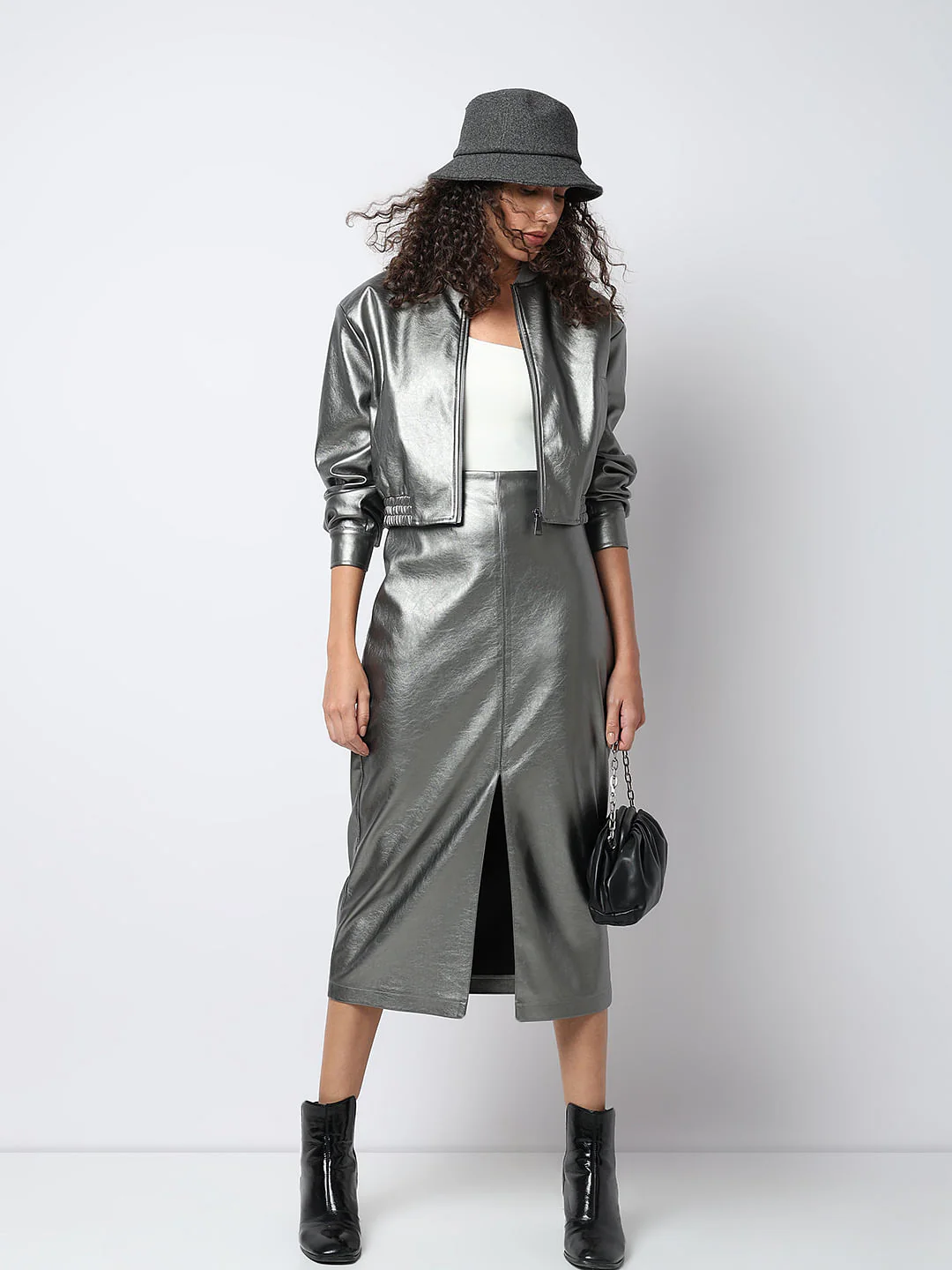 Silver Front Slit Midi Skirt