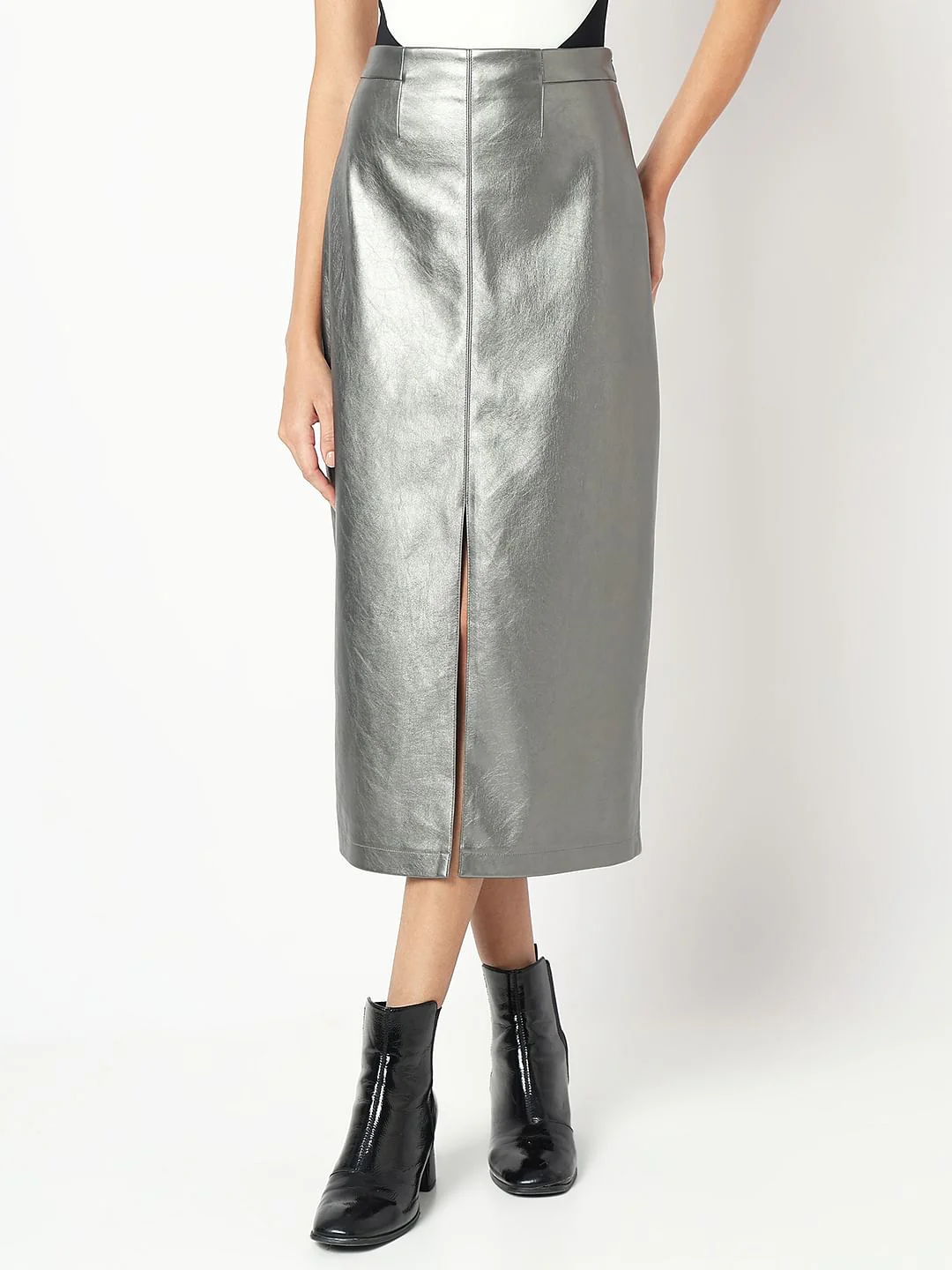 Silver Front Slit Midi Skirt - Image 2