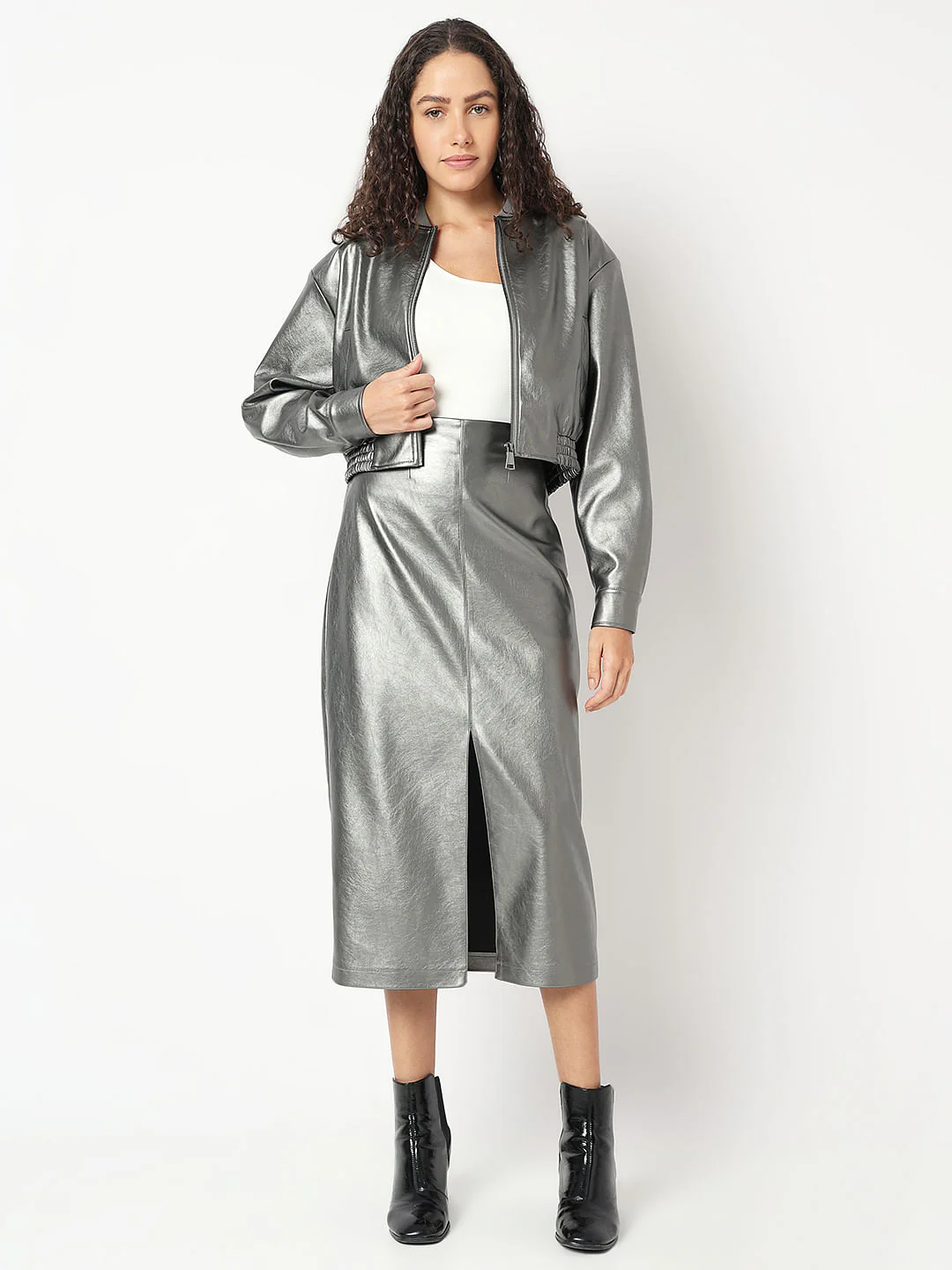 Silver Front Slit Midi Skirt - Image 5