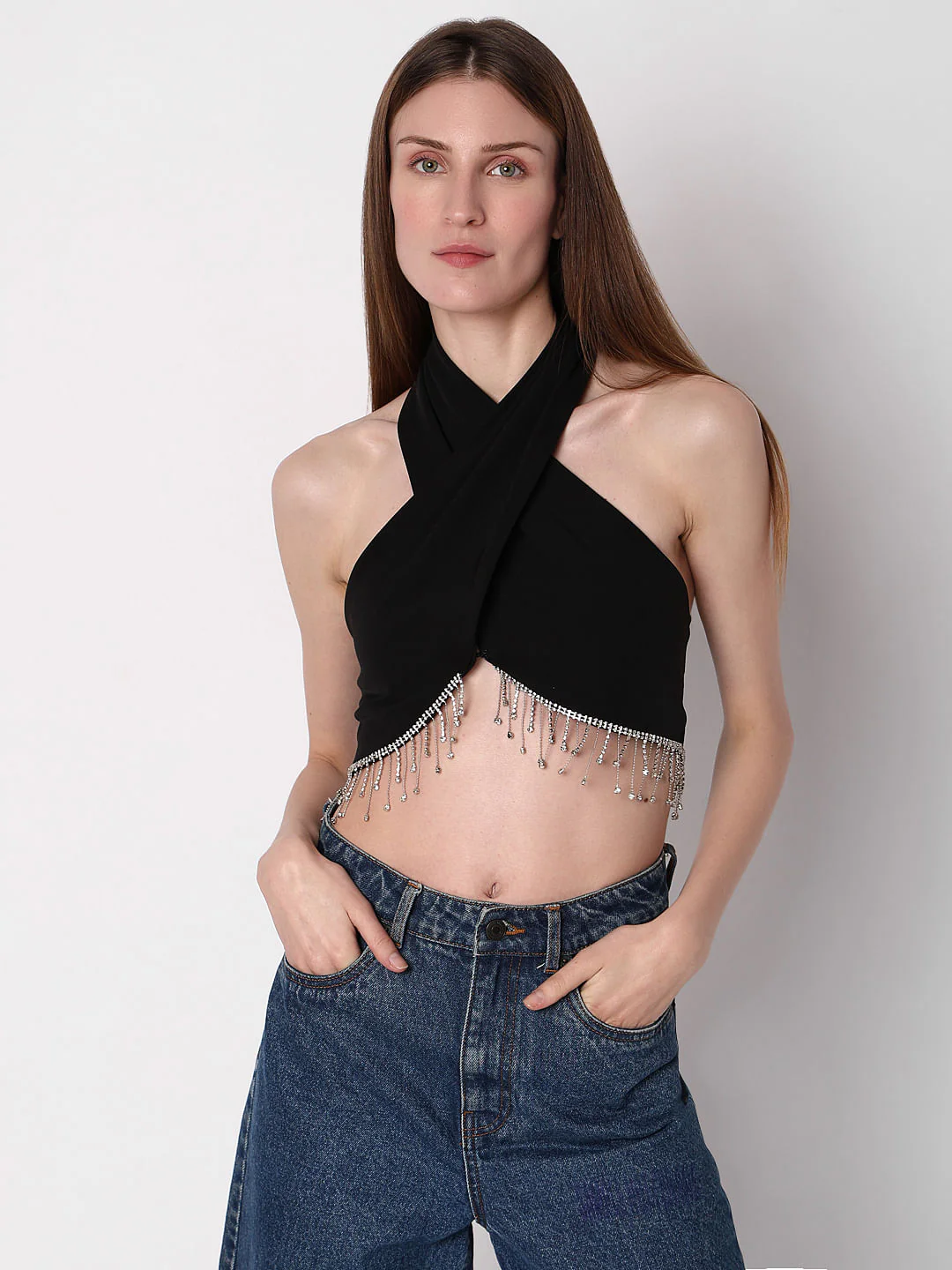 Black Jewelled Halter Neck Top - Image 2