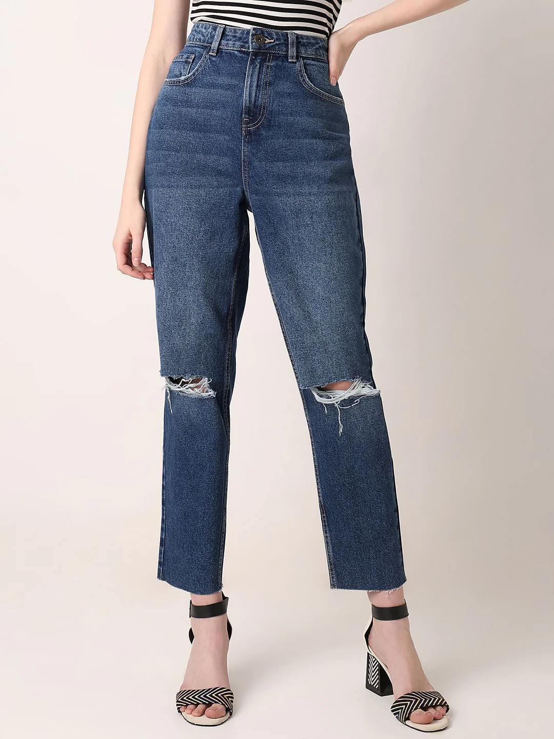 Dark Blue High Rise Ripped Jeans - Image 2