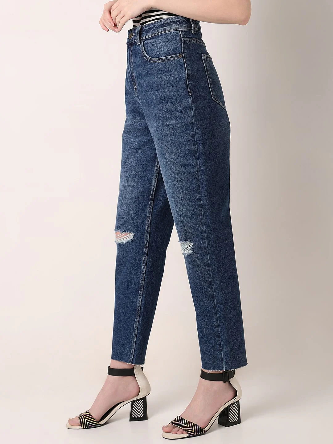 Dark Blue High Rise Ripped Jeans - Image 3
