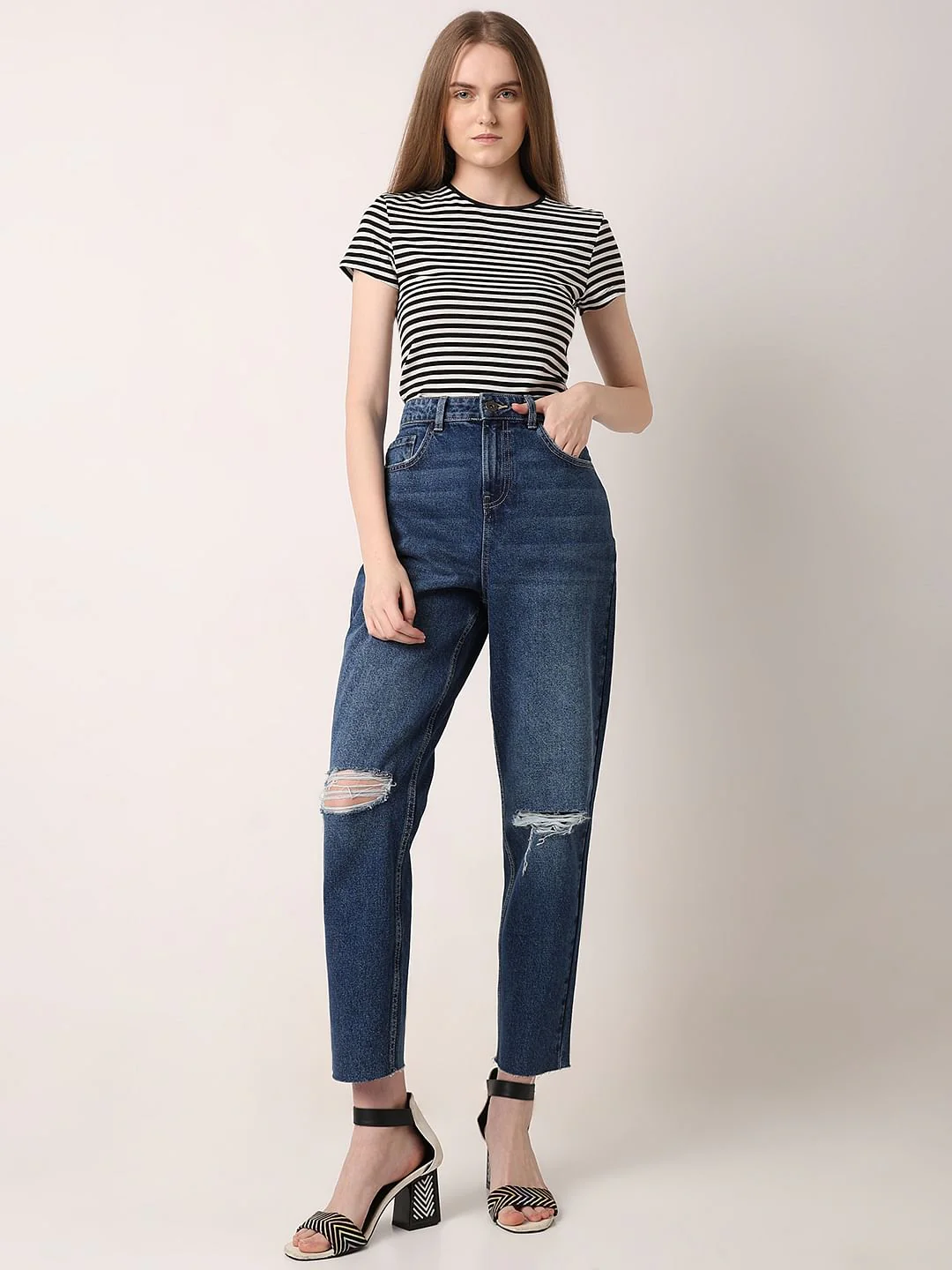 Dark Blue High Rise Ripped Jeans - Image 5