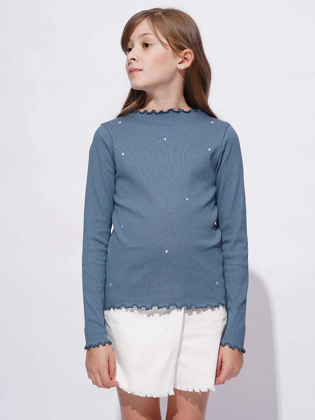 Girls Blue Lettuce Hem Embroidered Top - Image 2