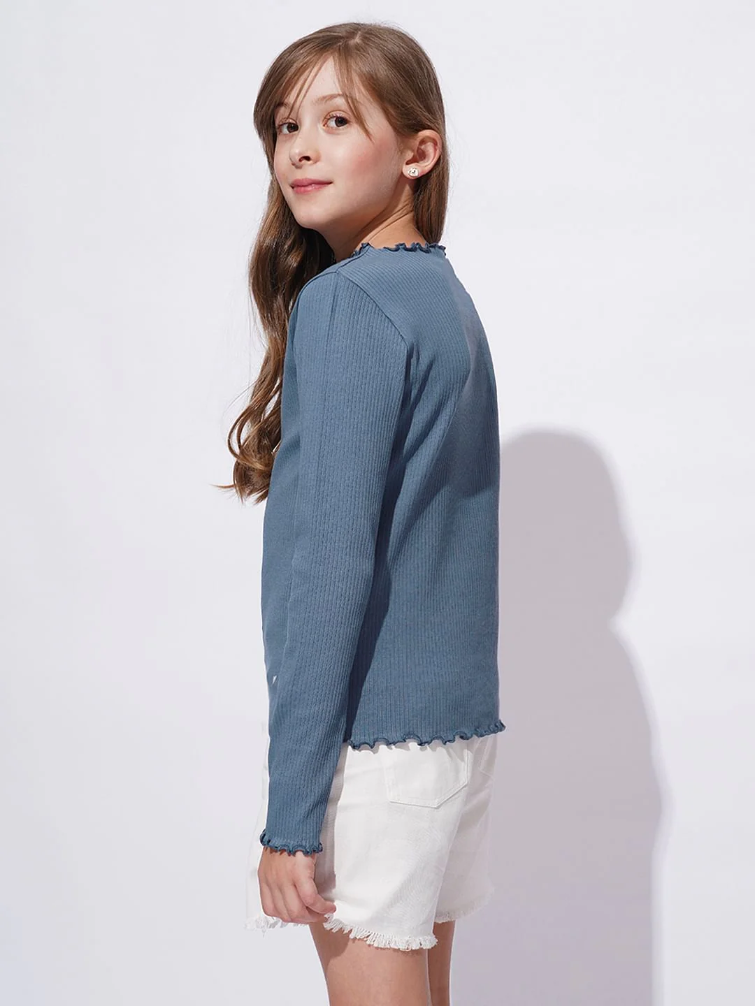 Girls Blue Lettuce Hem Embroidered Top - Image 3