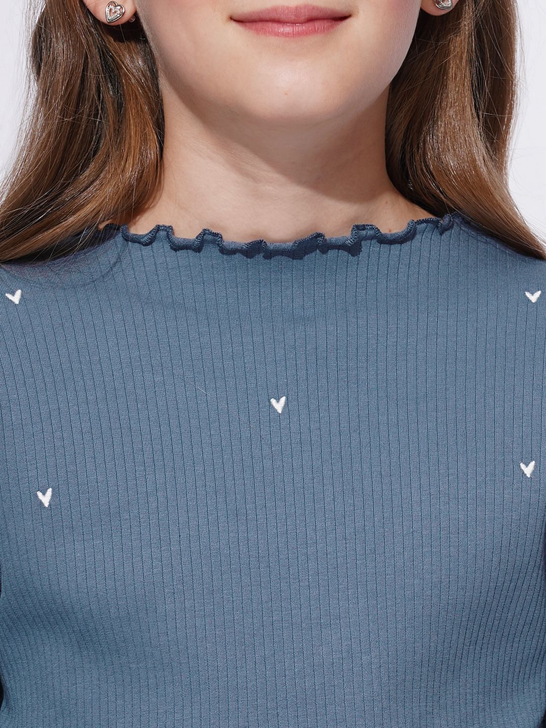 Girls Blue Lettuce Hem Embroidered Top - Image 4