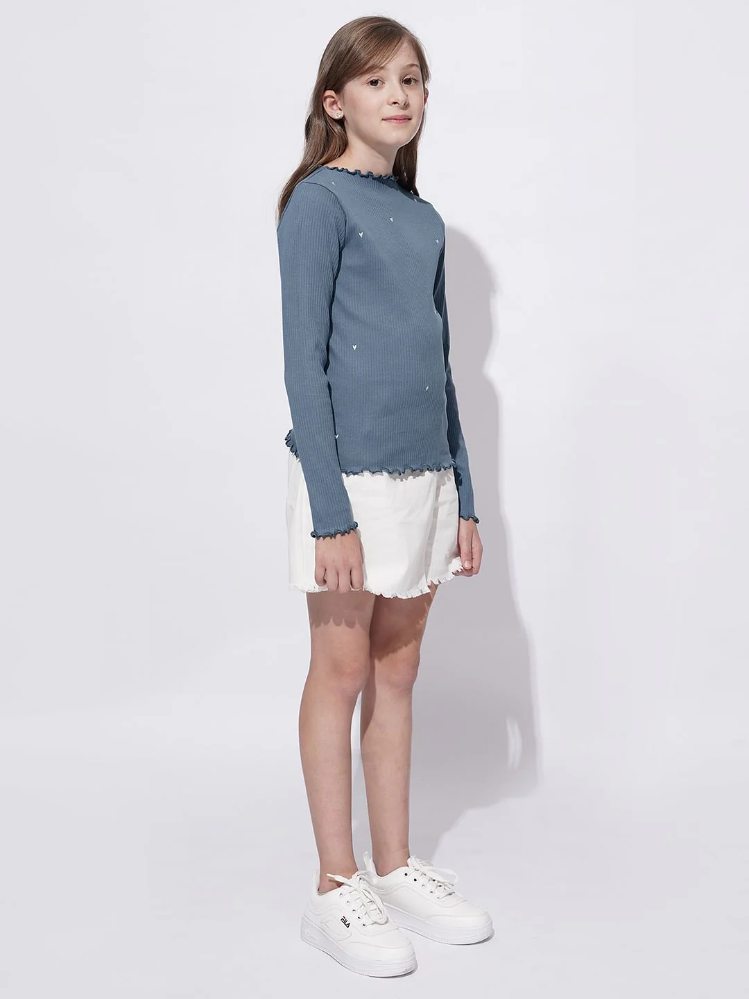 Girls Blue Lettuce Hem Embroidered Top - Image 5