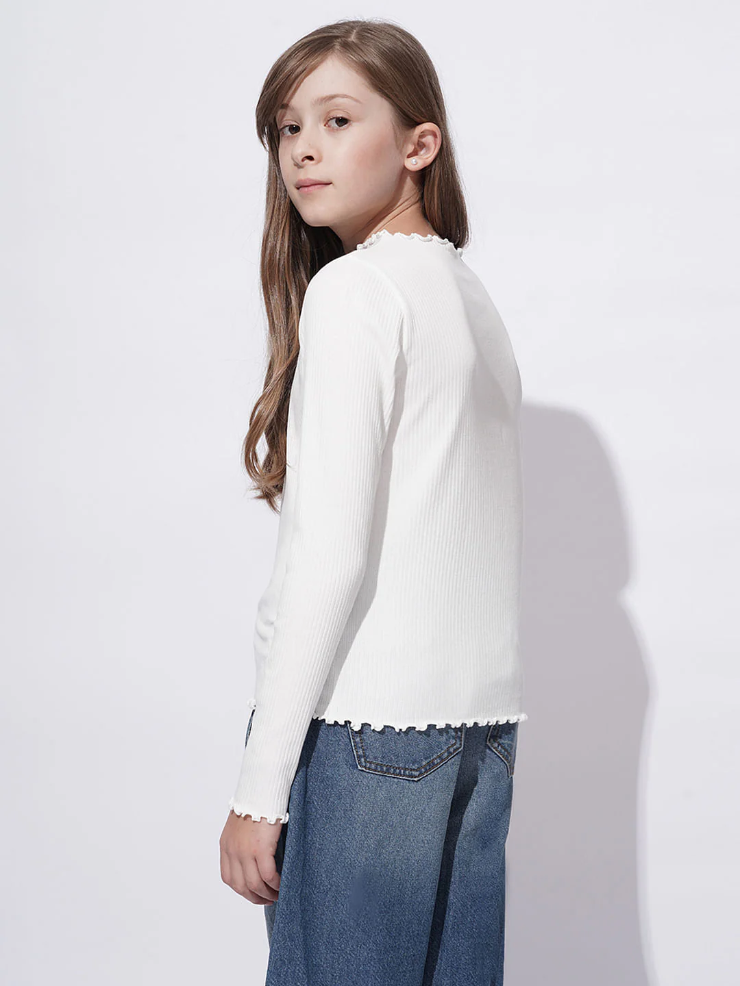 Girls White Lettuce Hem Embroidered Top - Image 3