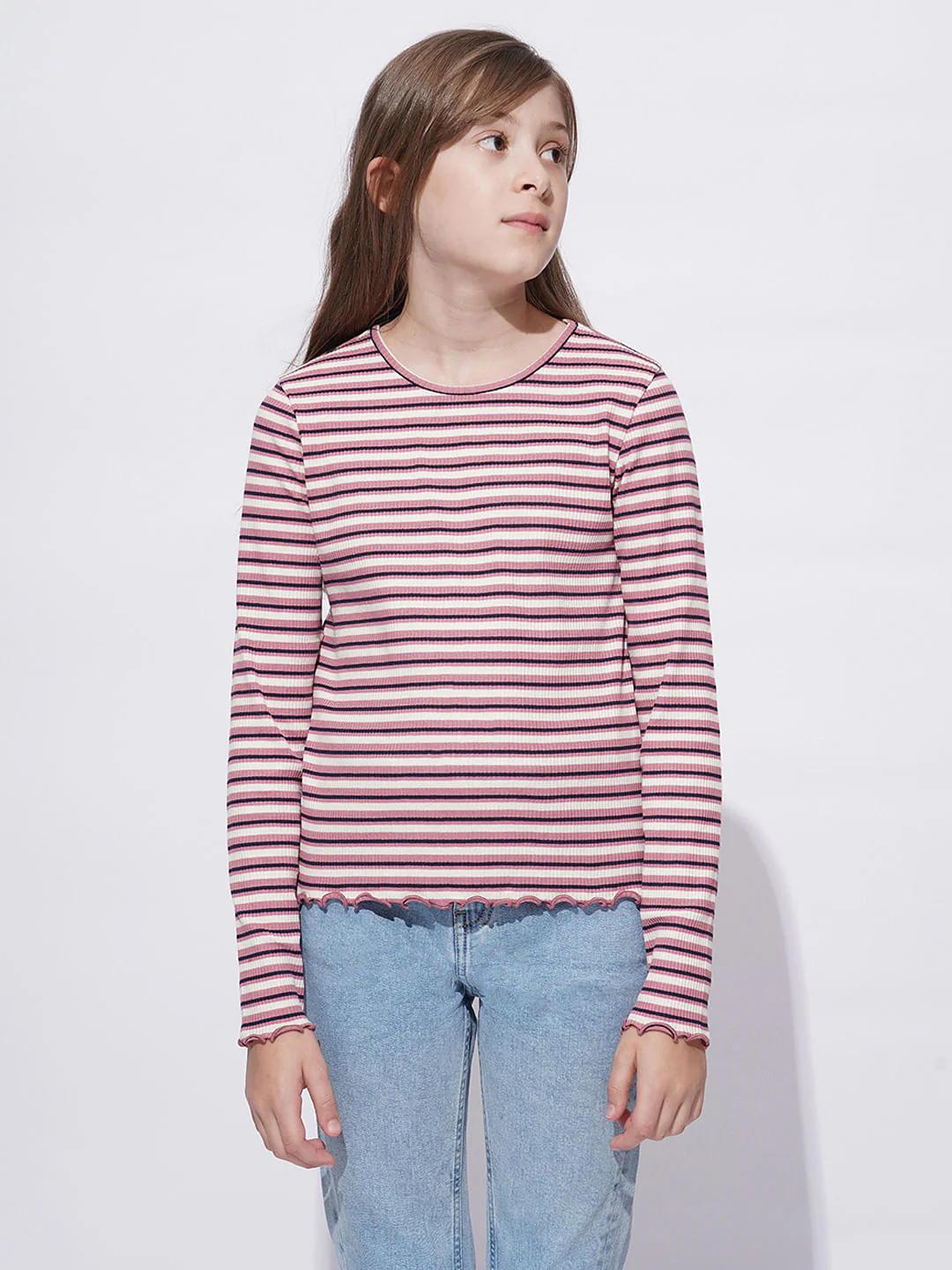 Girls Pink Striped Lettuce Hem Top - Image 2