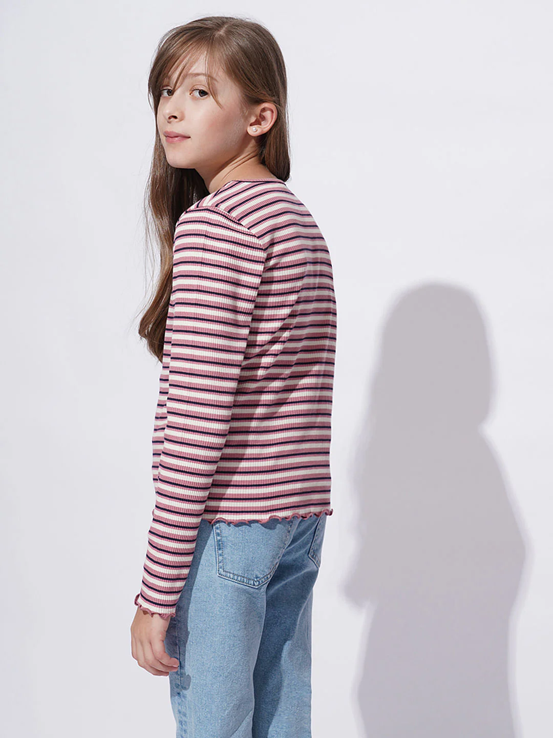 Girls Pink Striped Lettuce Hem Top - Image 3
